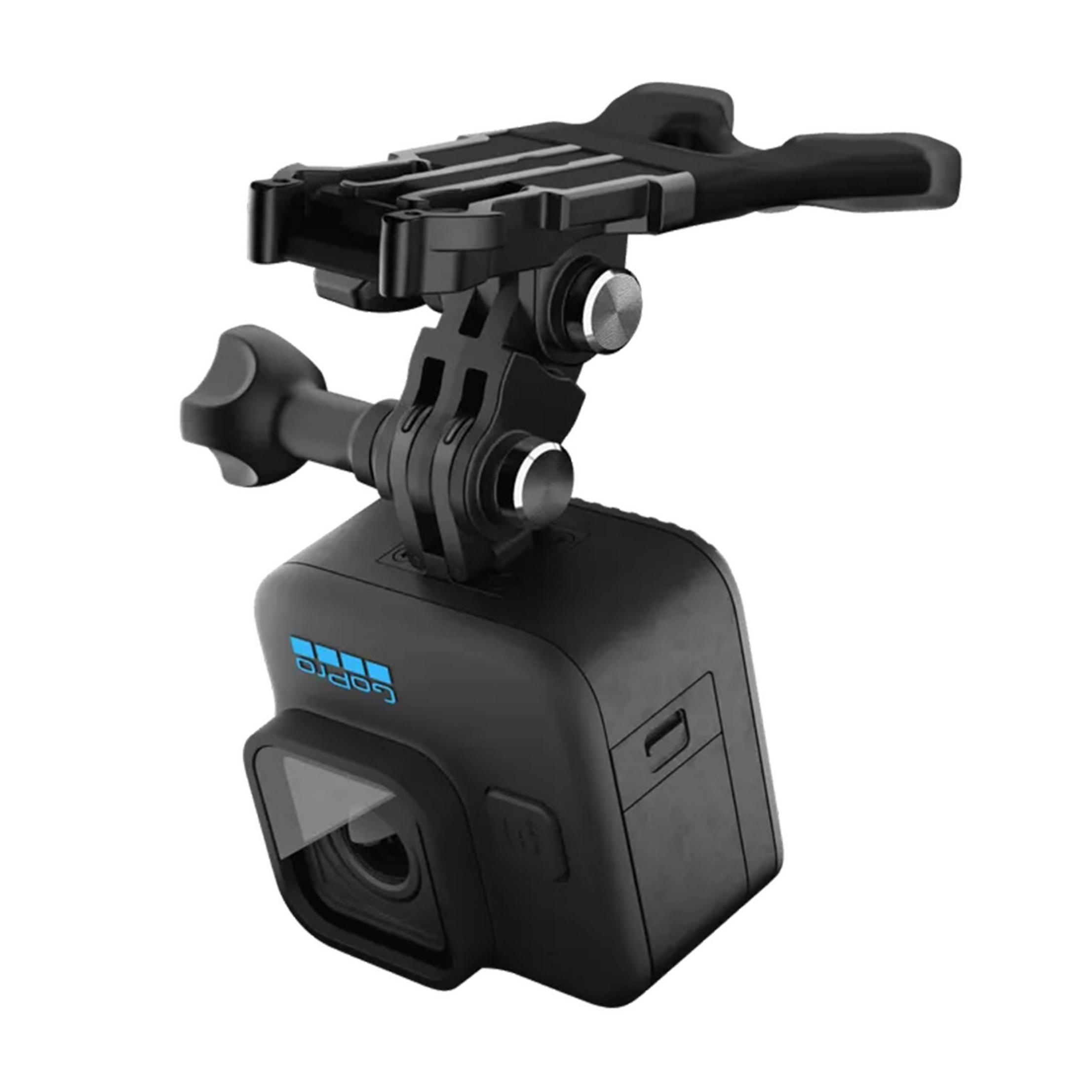 Czarna kamera GoPro z mocowaniem na białym tle.