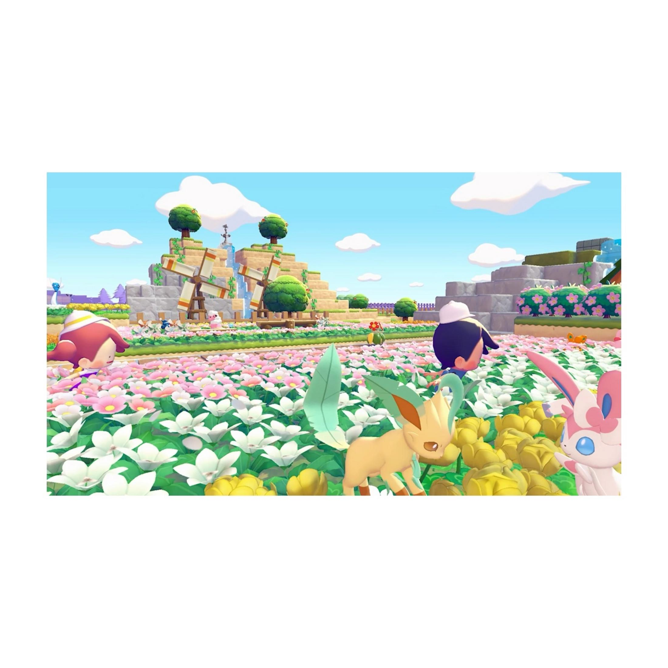 Postacie i Pokémony na kwiecistej łące z wiatrakami w tle.