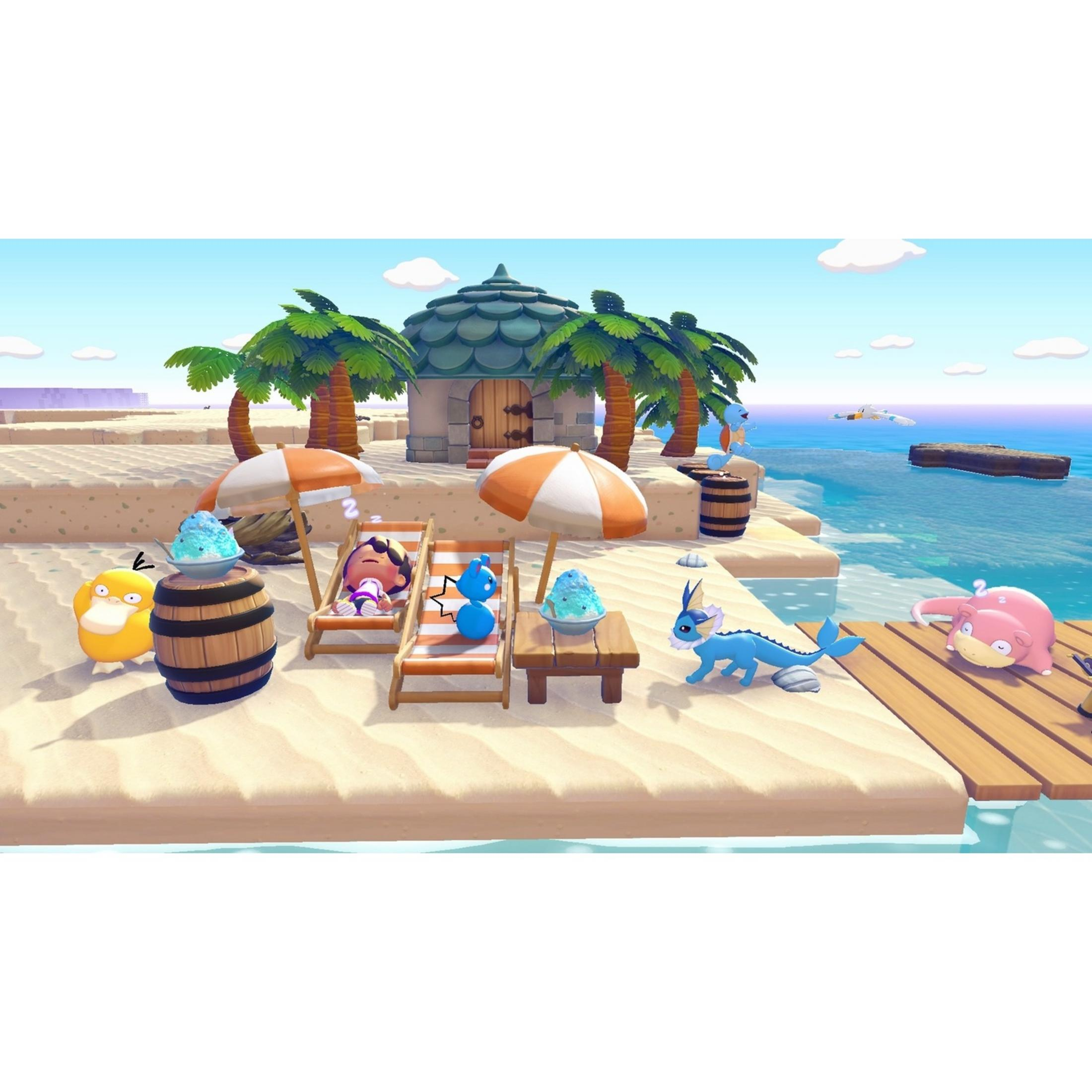 Scena plażowa z palmami, domkiem, leżakami, Pokémonami i lodem.