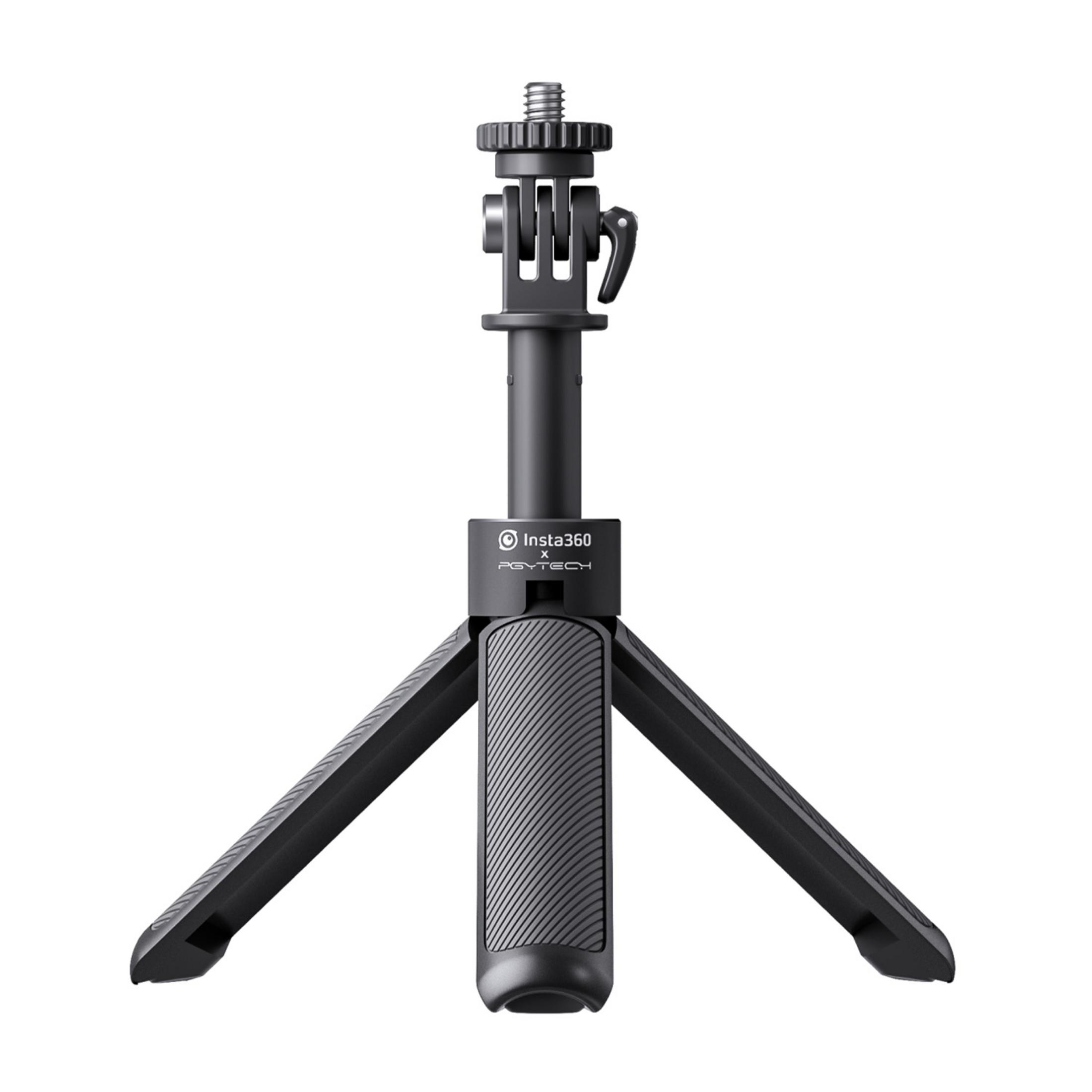 Un trípode negro Insta360 compacto con tres patas y logo.