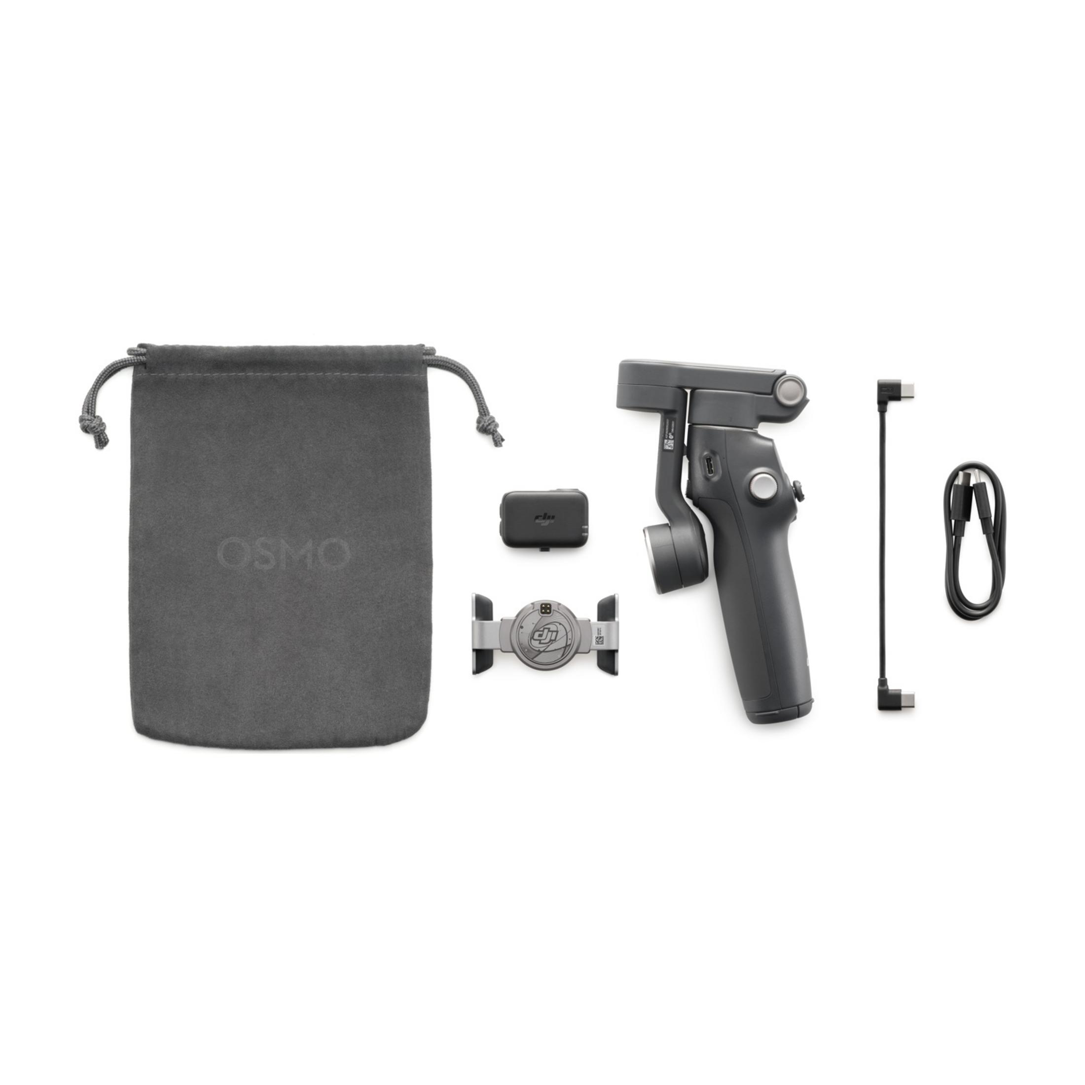 Gimbal DJI z akcesoriami: torba, kable, uchwyt i dwa adaptery.