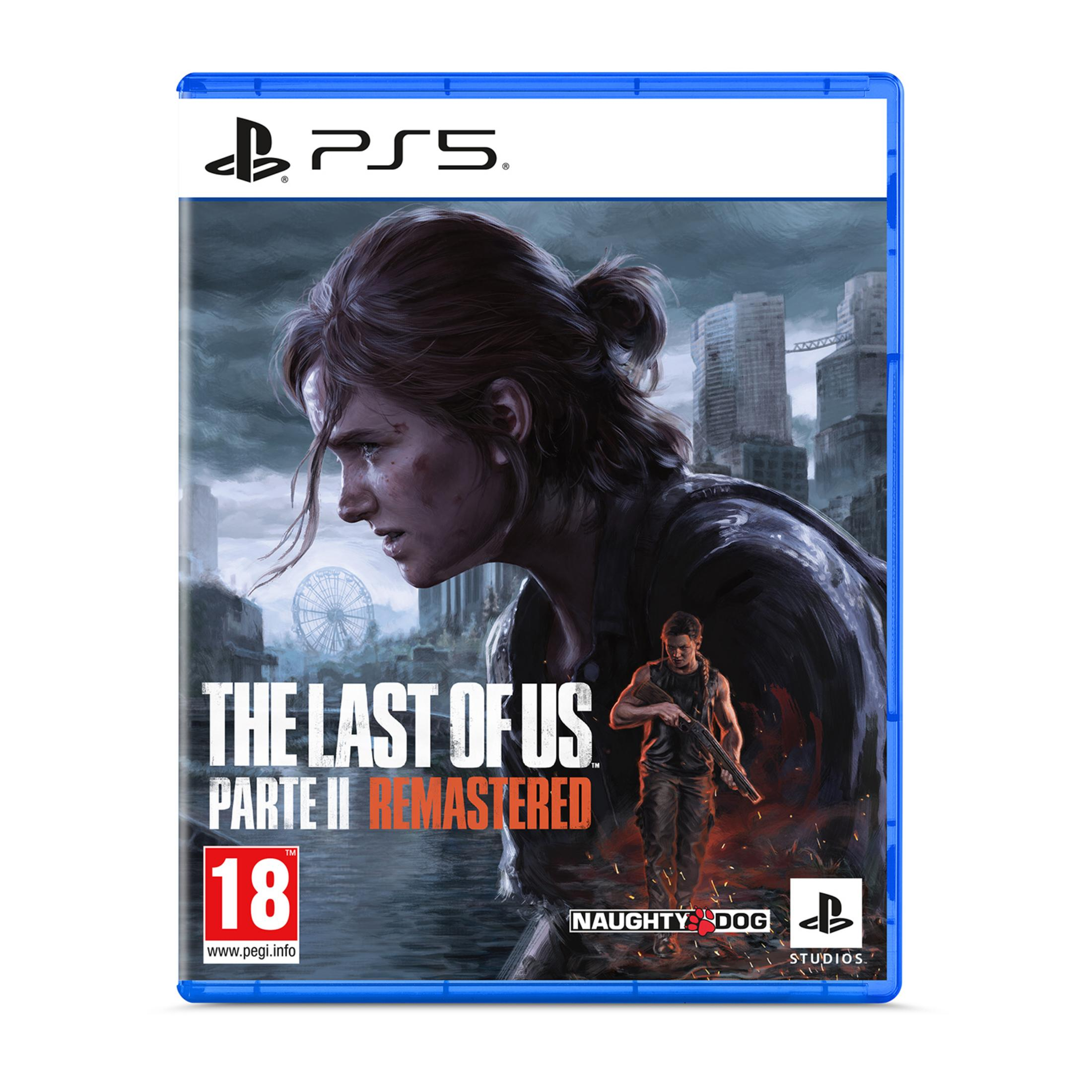 Custodia gioco PS5 con Ellie e Joel su sfondo cittadino. Include loghi e rating 18.