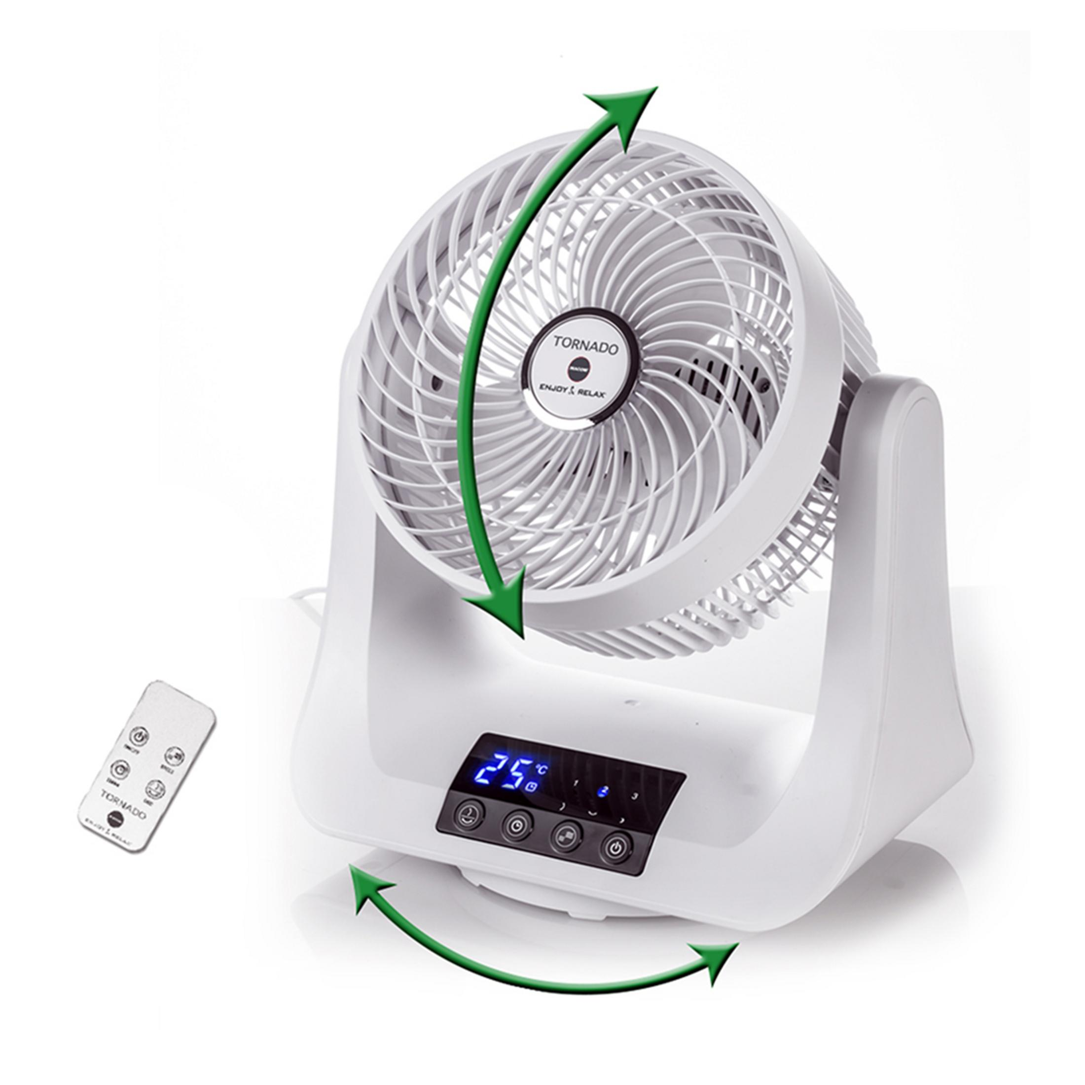 Un ventilador blanco con mando a distancia y pantalla digital.