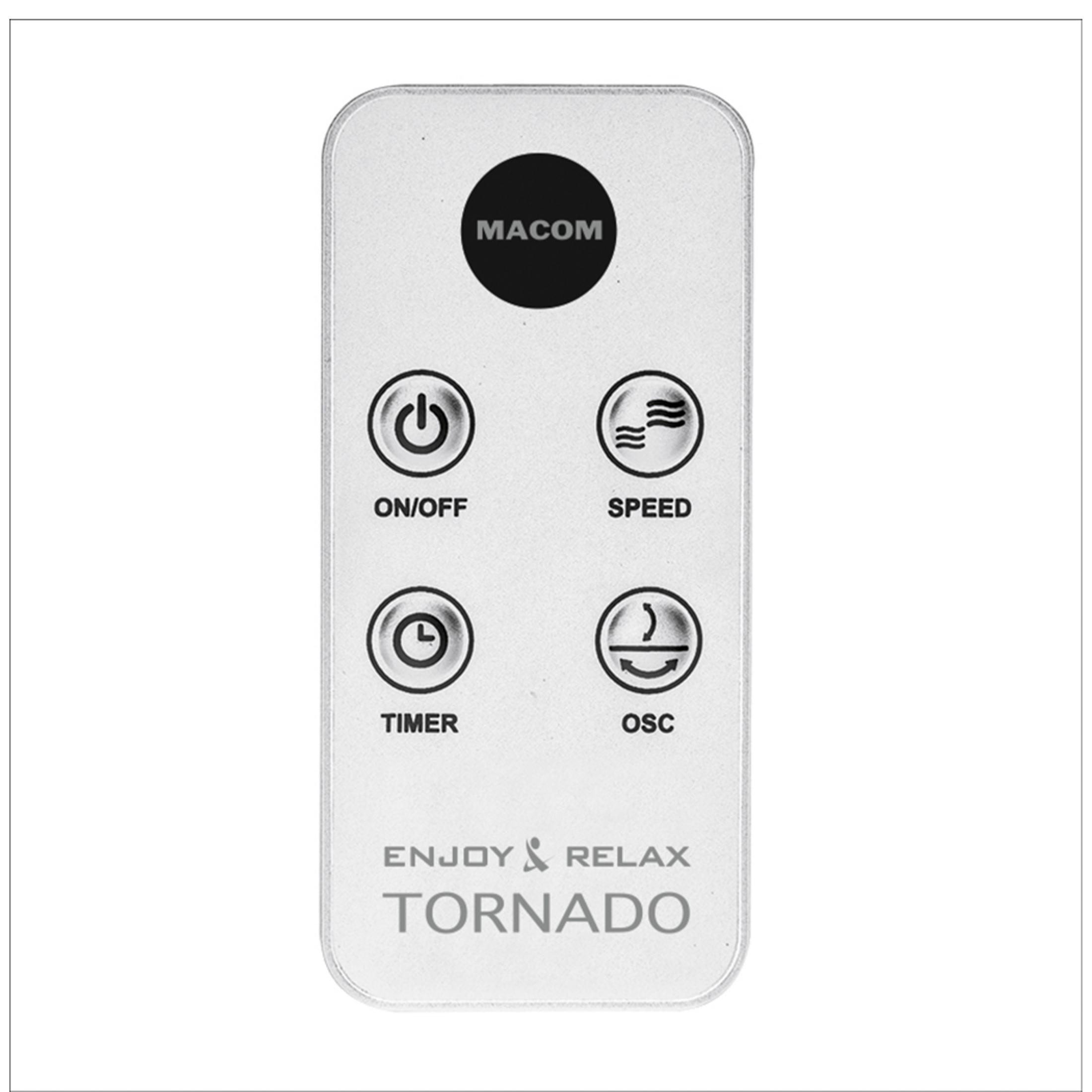 Mando a distancia blanco con botones para encendido/apagado, velocidad, temporizador y oscilación.