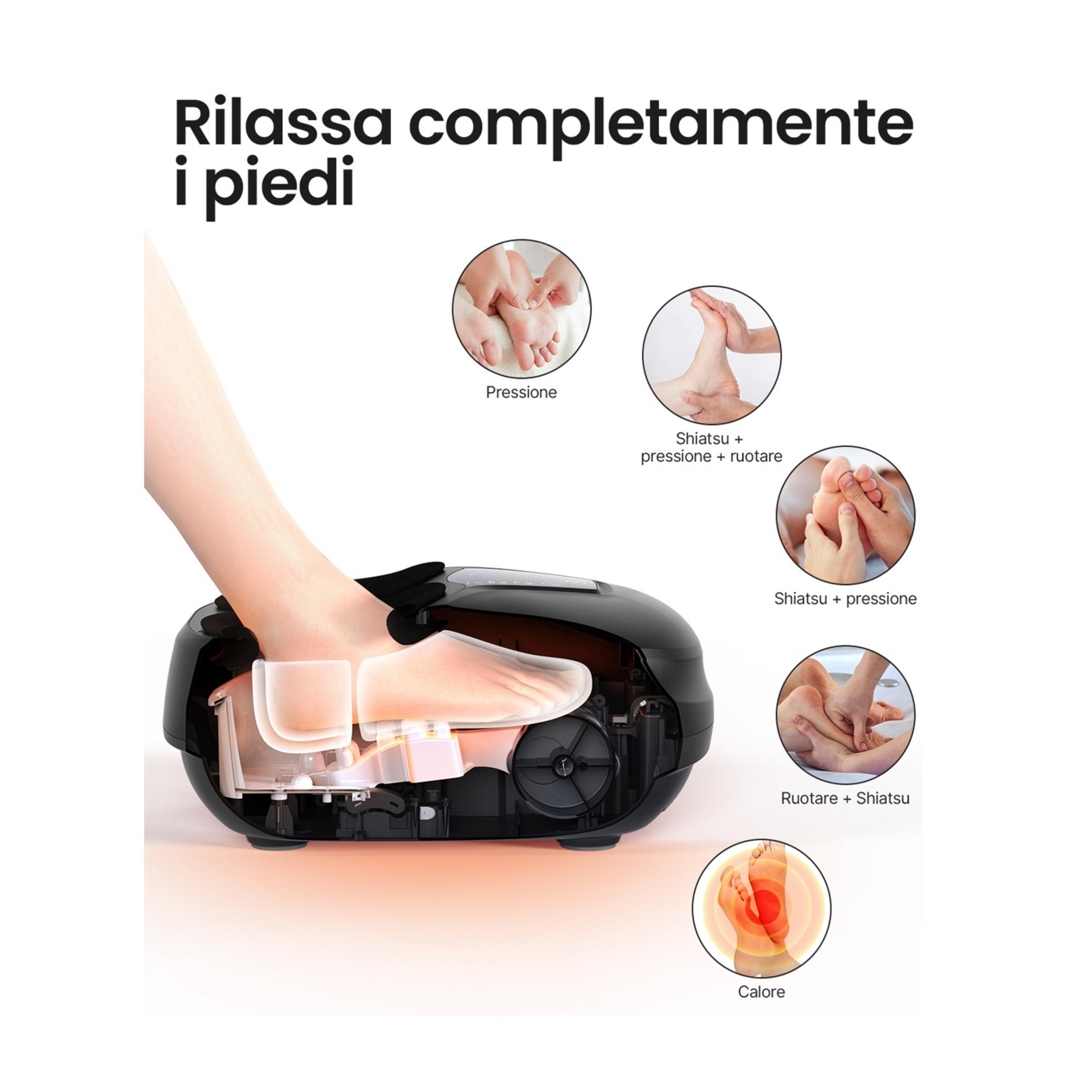 Ein Fuß wird in ein Massagegerät gelegt. Bilder zeigen Fußmassagetechniken.