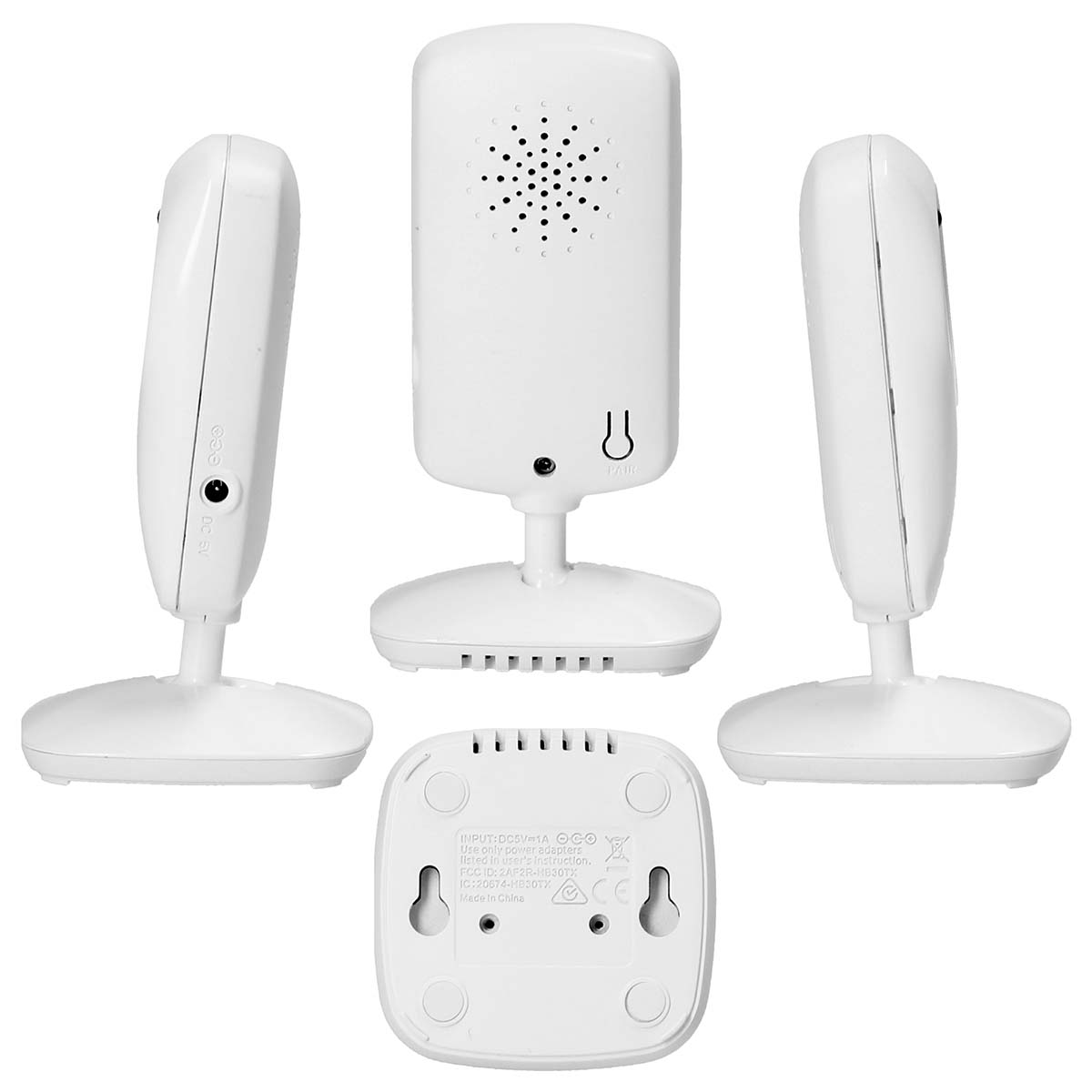 White baby monitor camera in multiple views, showing speaker and pair button.