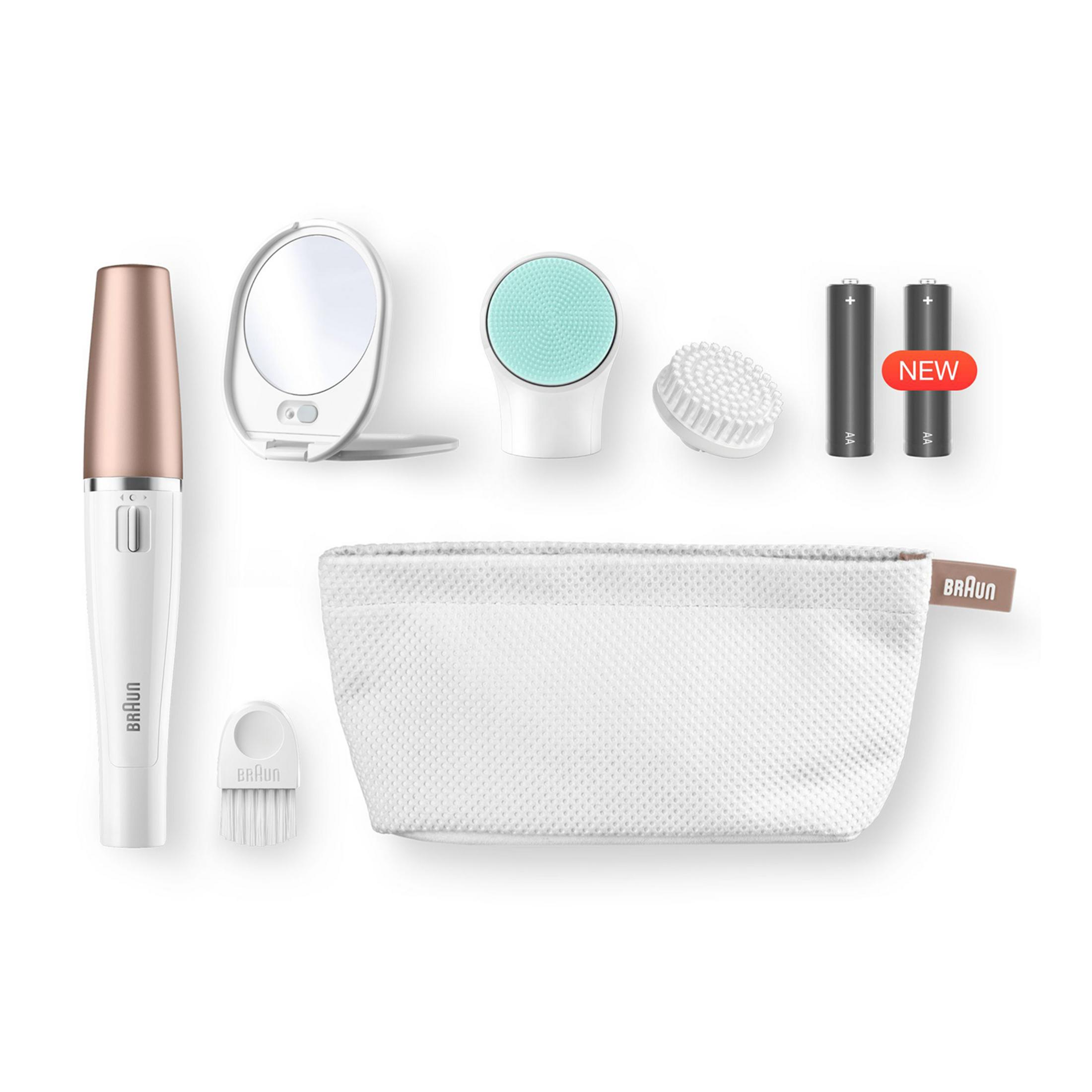 Zestaw kosmetyczny Braun z depilatorem, lusterkiem, szczoteczkami, etui i bateriami.