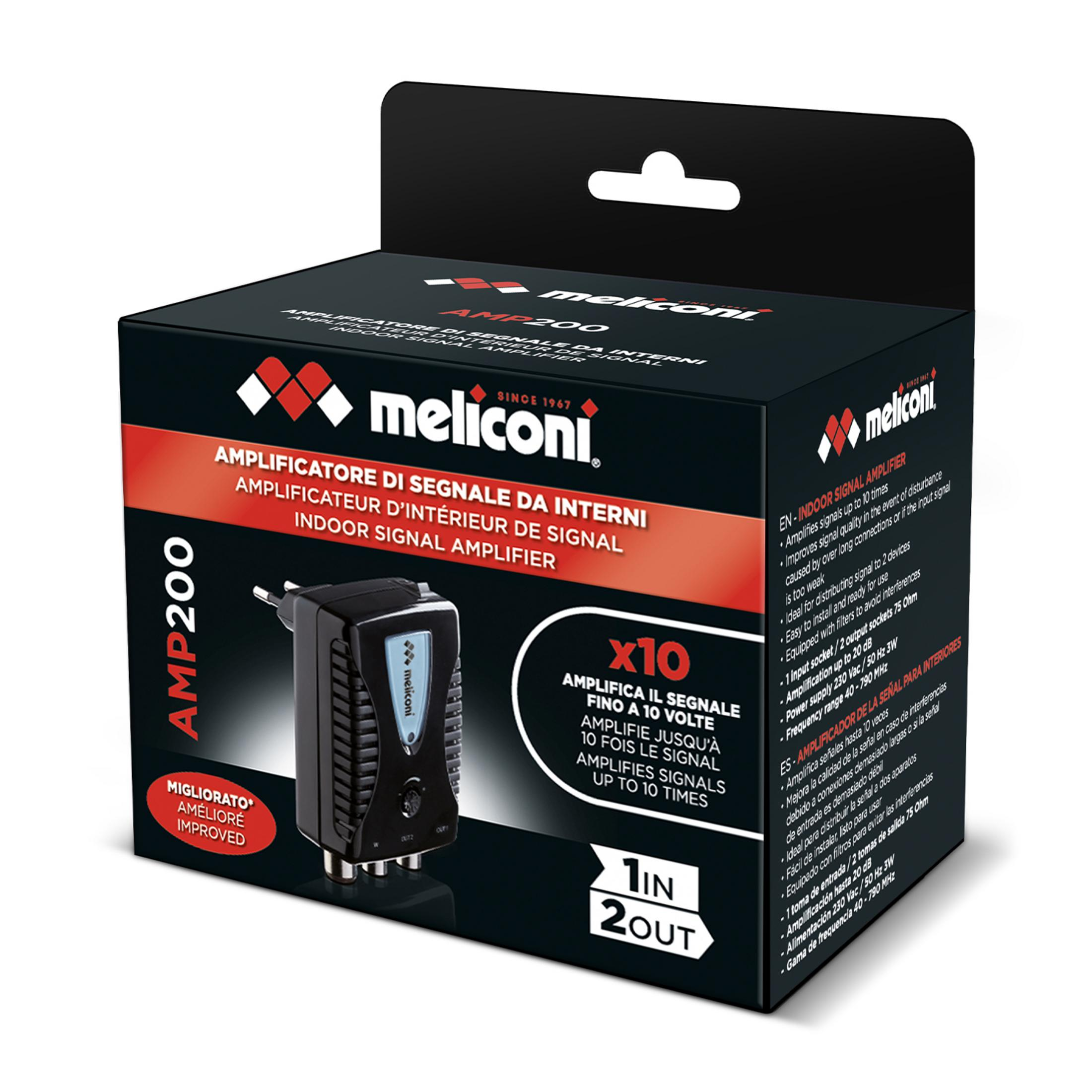 Meliconi AMP200 Indoor Signal Amplifier Box mit Stecker und Anschlüssen.
