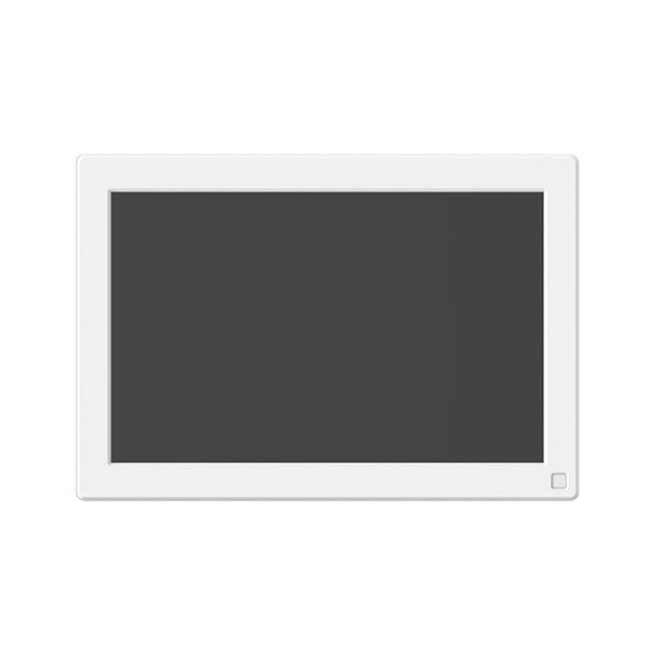 Ein weißer digitaler Bilderrahmen mit einem dunklen Bildschirm.