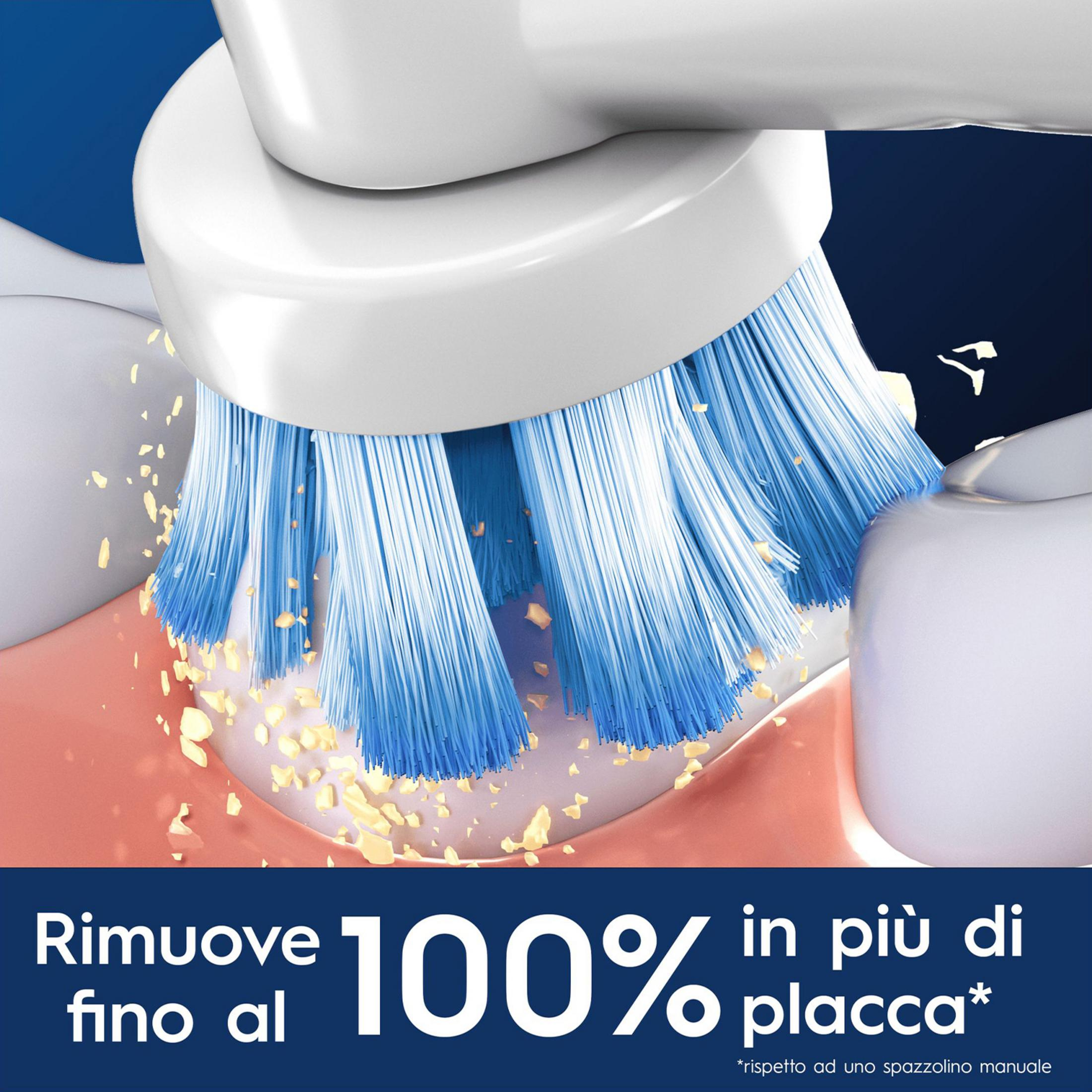 Niebieska główka szczoteczki do zębów czyści zęby i usuwa żółte cząsteczki płytki.