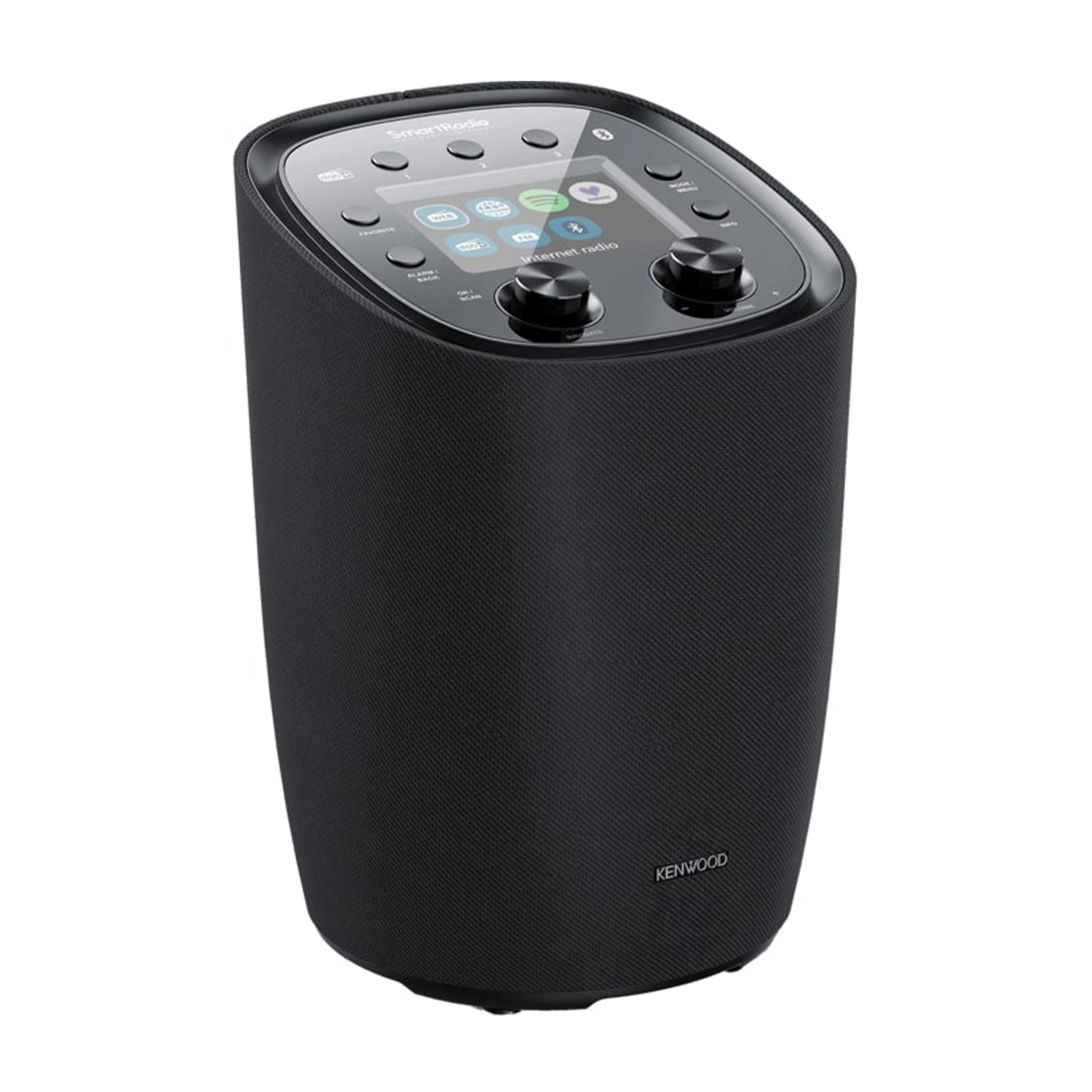 Schwarzer Smart-Radio-Lautsprecher mit Touchscreen und Drehreglern.