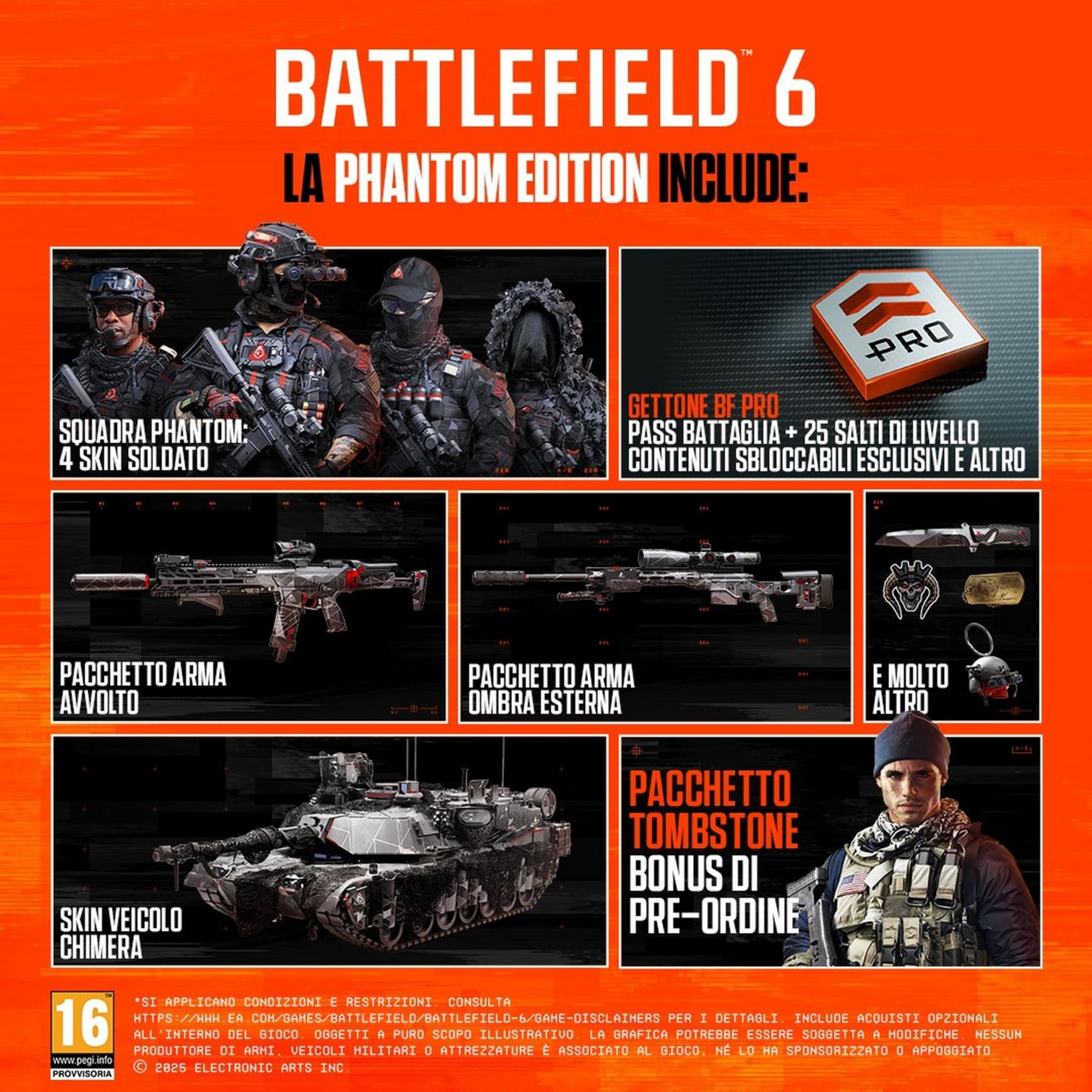 Battlefield 6 Phantom Edition: 4 skin, armi, skin veicolo, pass battaglia.