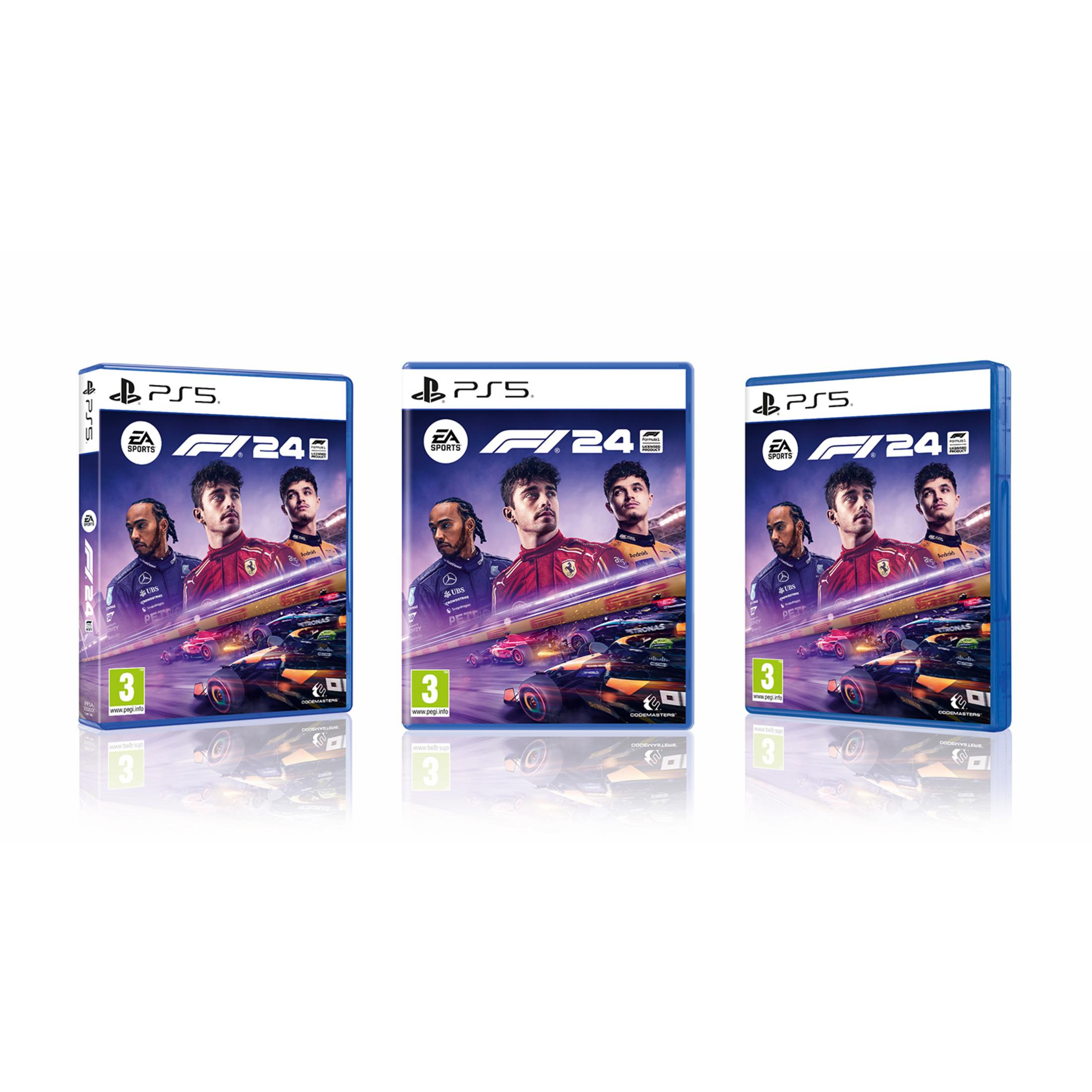 Custodia gioco F1 24 PS5 con piloti e auto da corsa in primo piano.