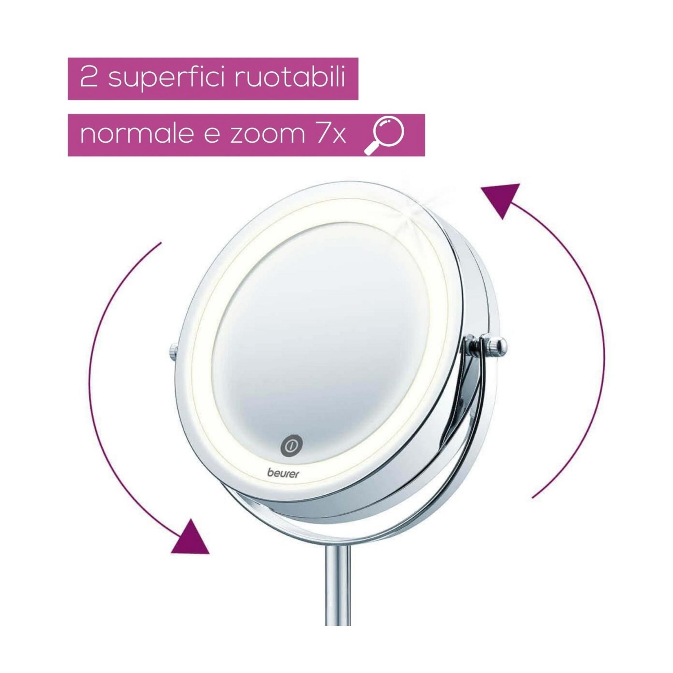 Specchio per trucco illuminato con zoom 7x, girevole.