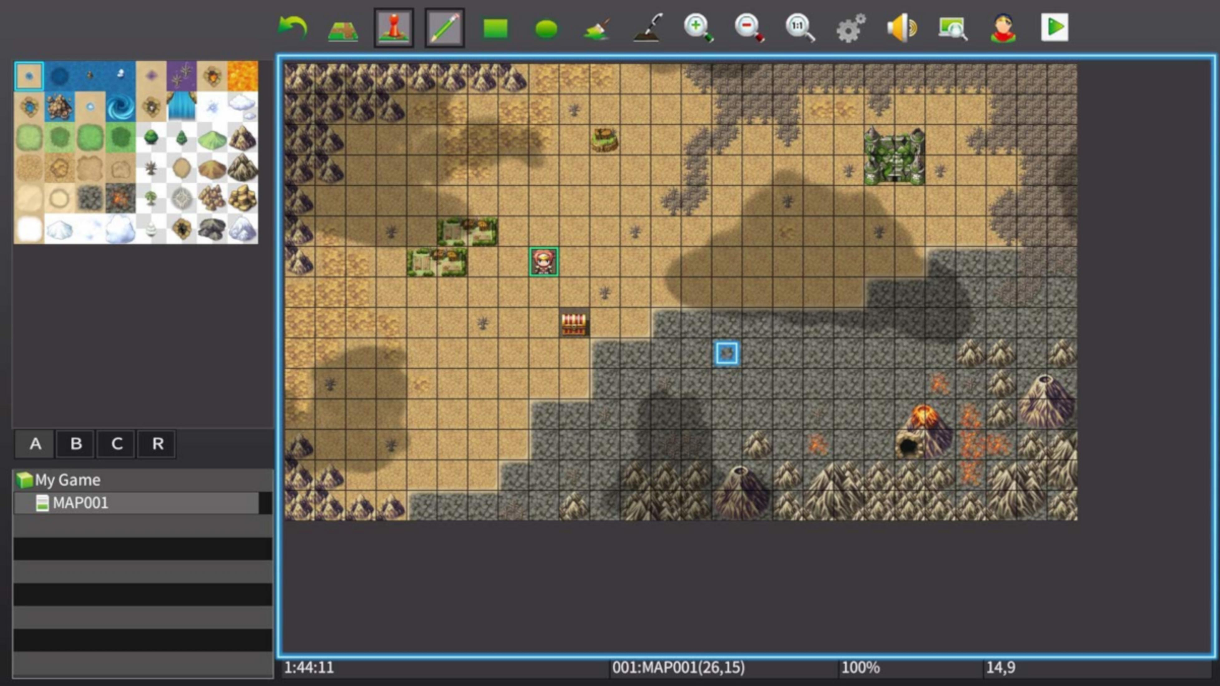 Mappa pixel art con deserto, rocce e vulcani.