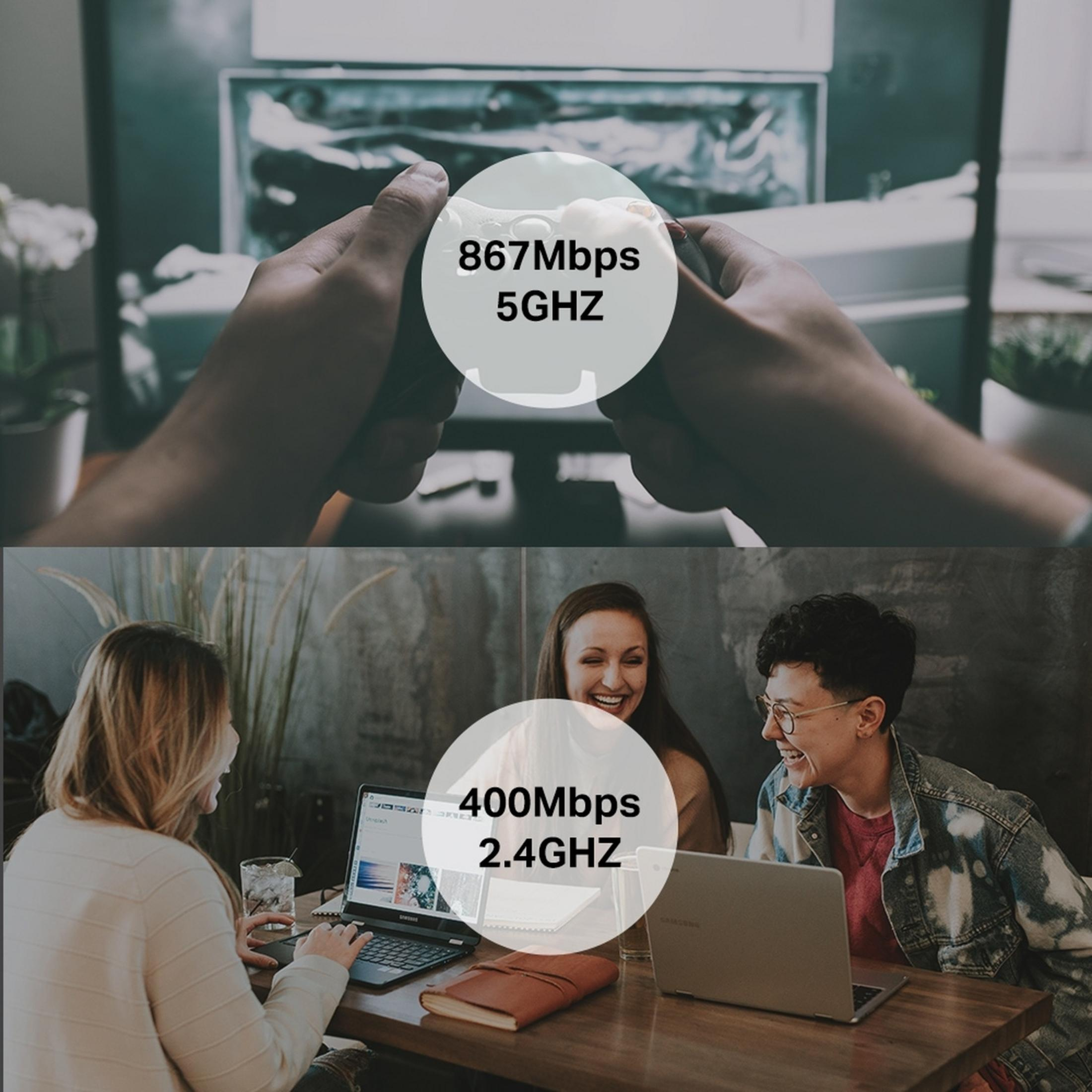 Podzielony ekran: Góra dłonie z kontrolerem, 867Mbps 5GHz. Dół ludzie pracujący na laptopach.