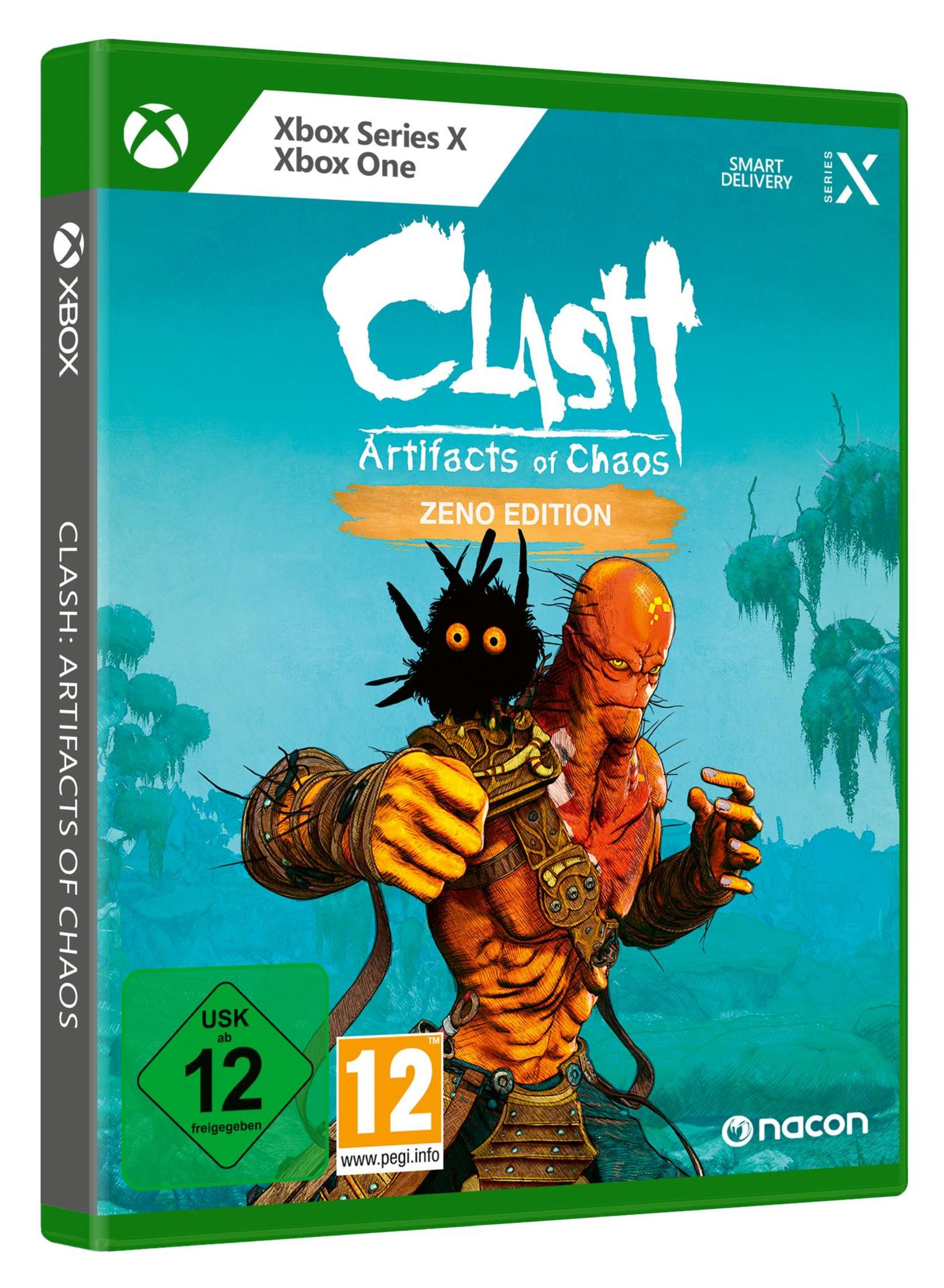 Xbox Spielhülle: Clash, ein orangefarbener Riese mit einem kleinen, pelzigen Wesen auf der Schulter.