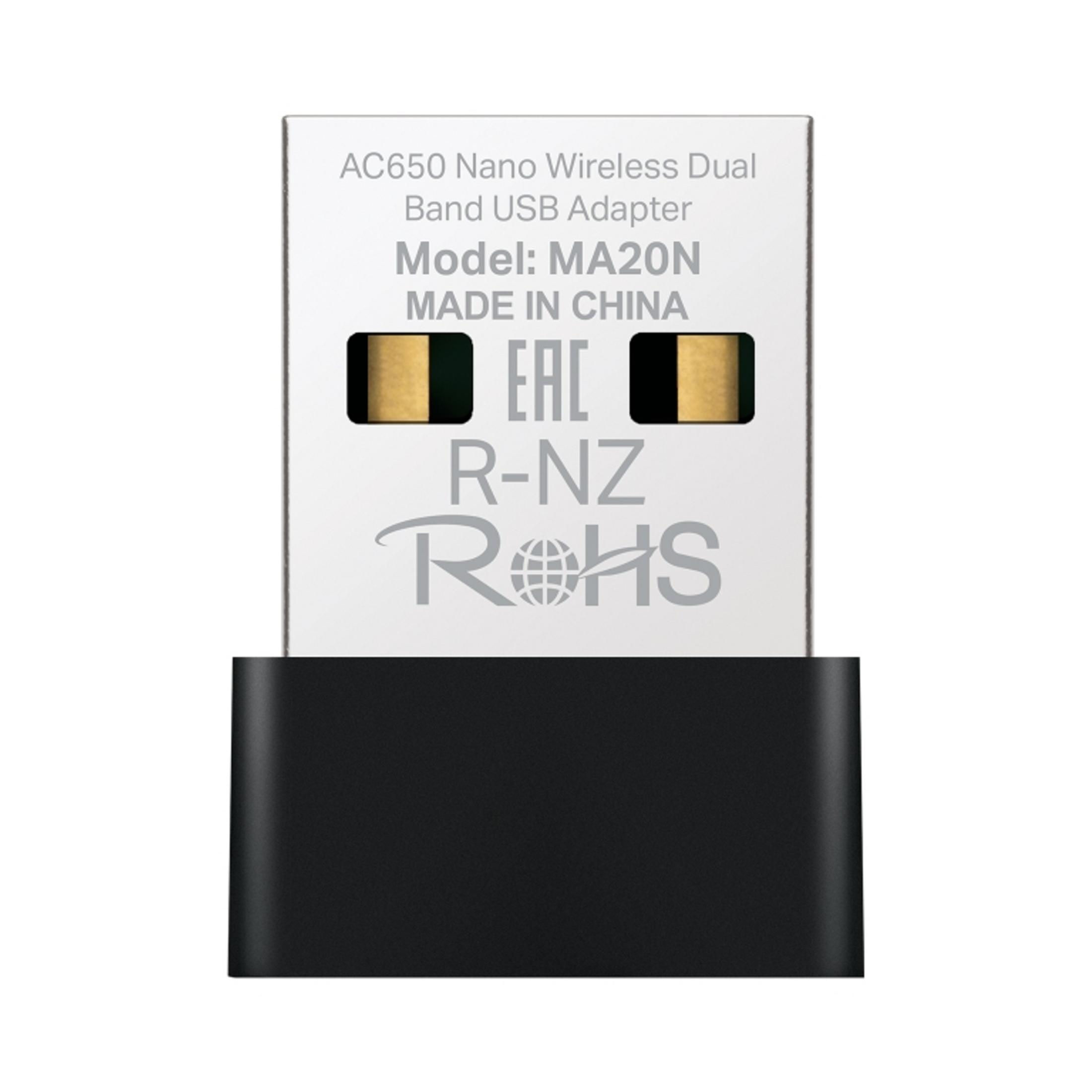 Un adattatore USB nero con testo argentato: AC650 Nano Wireless Dual Band.