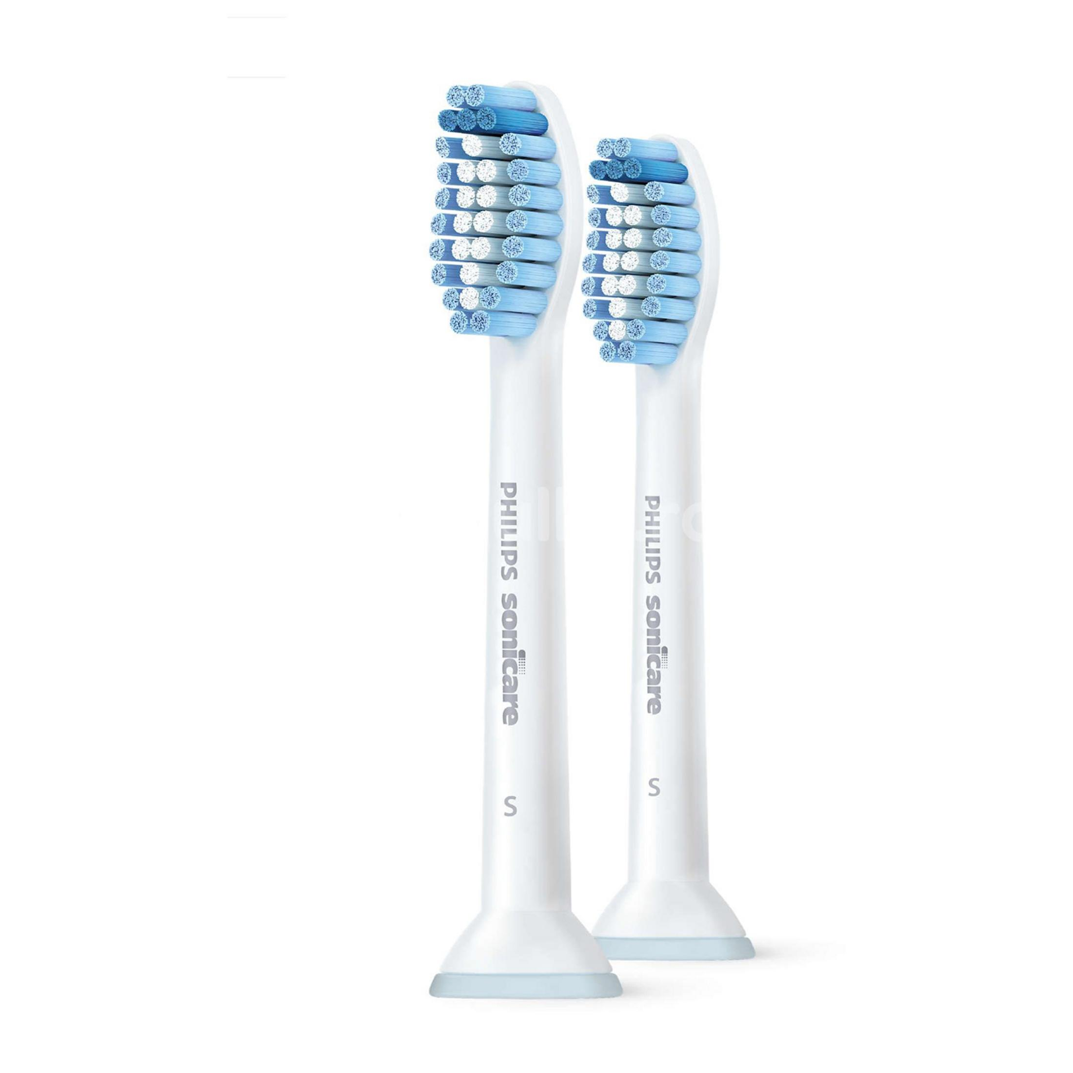 Due testine per spazzolino Philips Sonicare bianche con setole blu e bianche.