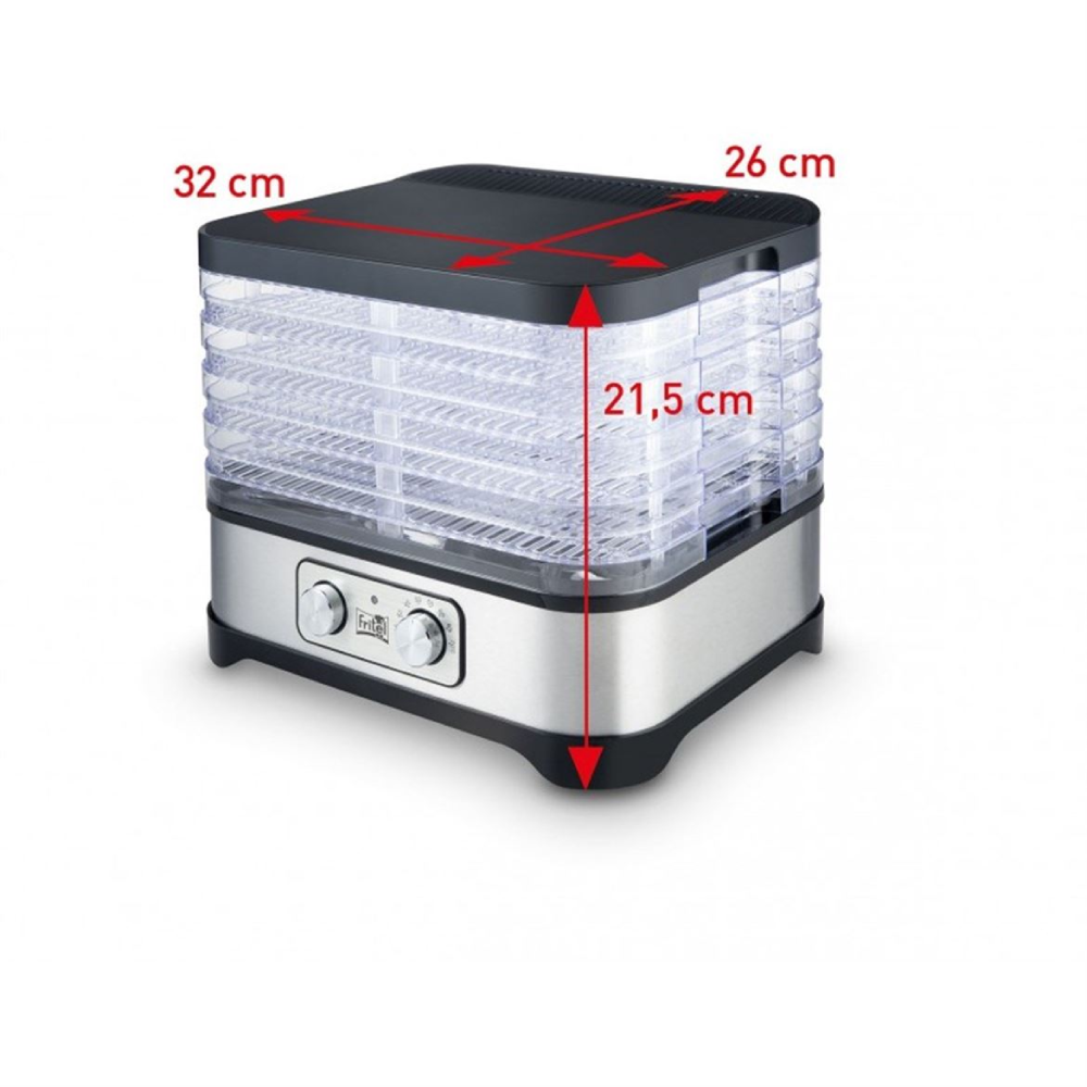 Déshydrateur alimentaire argenté avec plateaux transparents, 32x26x21,5 cm.