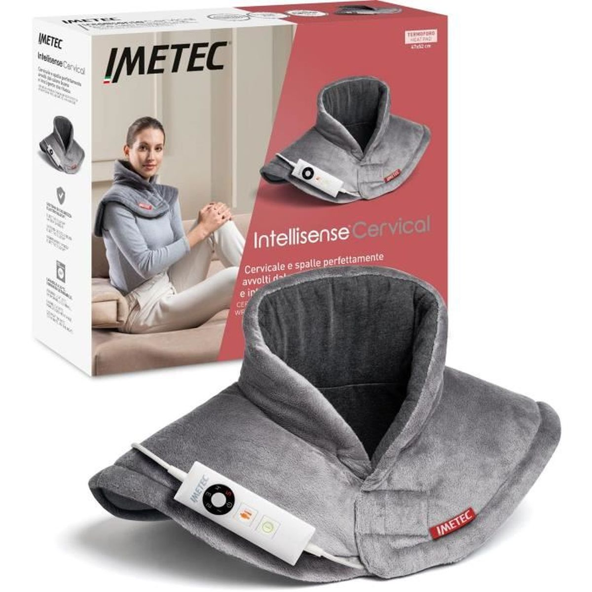 Calentador de cuello IMETEC gris con mando. Empaque del producto al fondo.