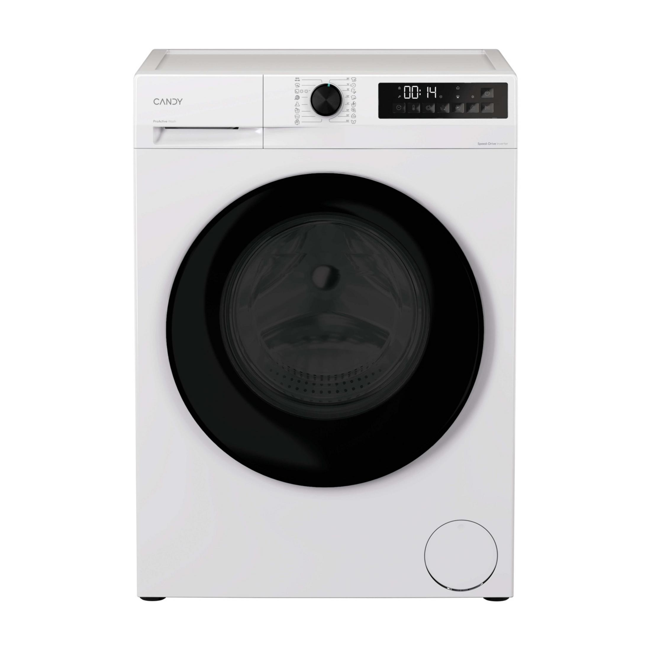 Una lavadora Candy blanca con puerta y panel de control negros.