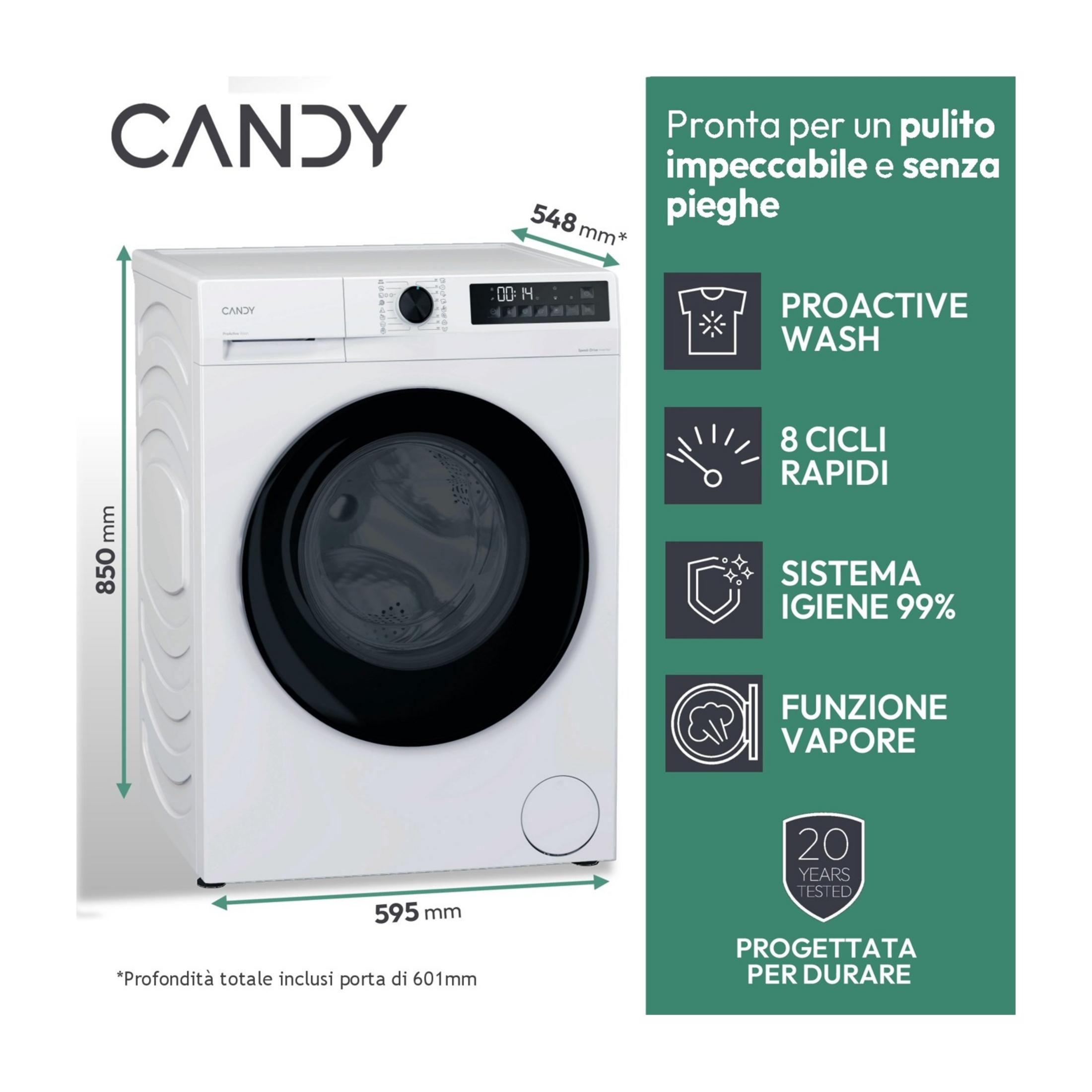 Lavadora Candy blanca con puerta negra. Dimensiones 85x59.5cm. Características: Proactive Wash, 8 ciclos rápidos, 99% higiene.