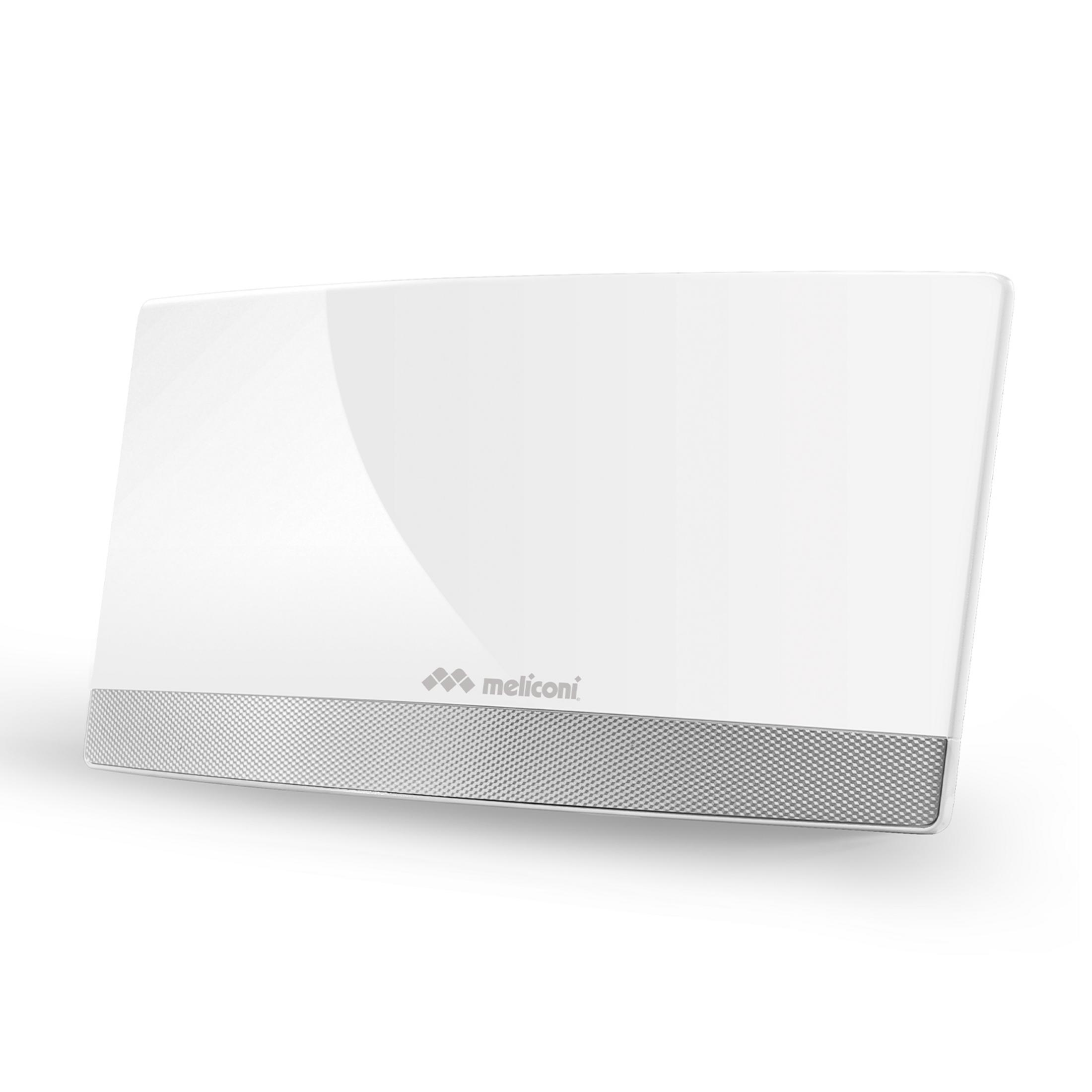 Un dispositivo rectangular blanco con una franja plateada y estampada abajo.