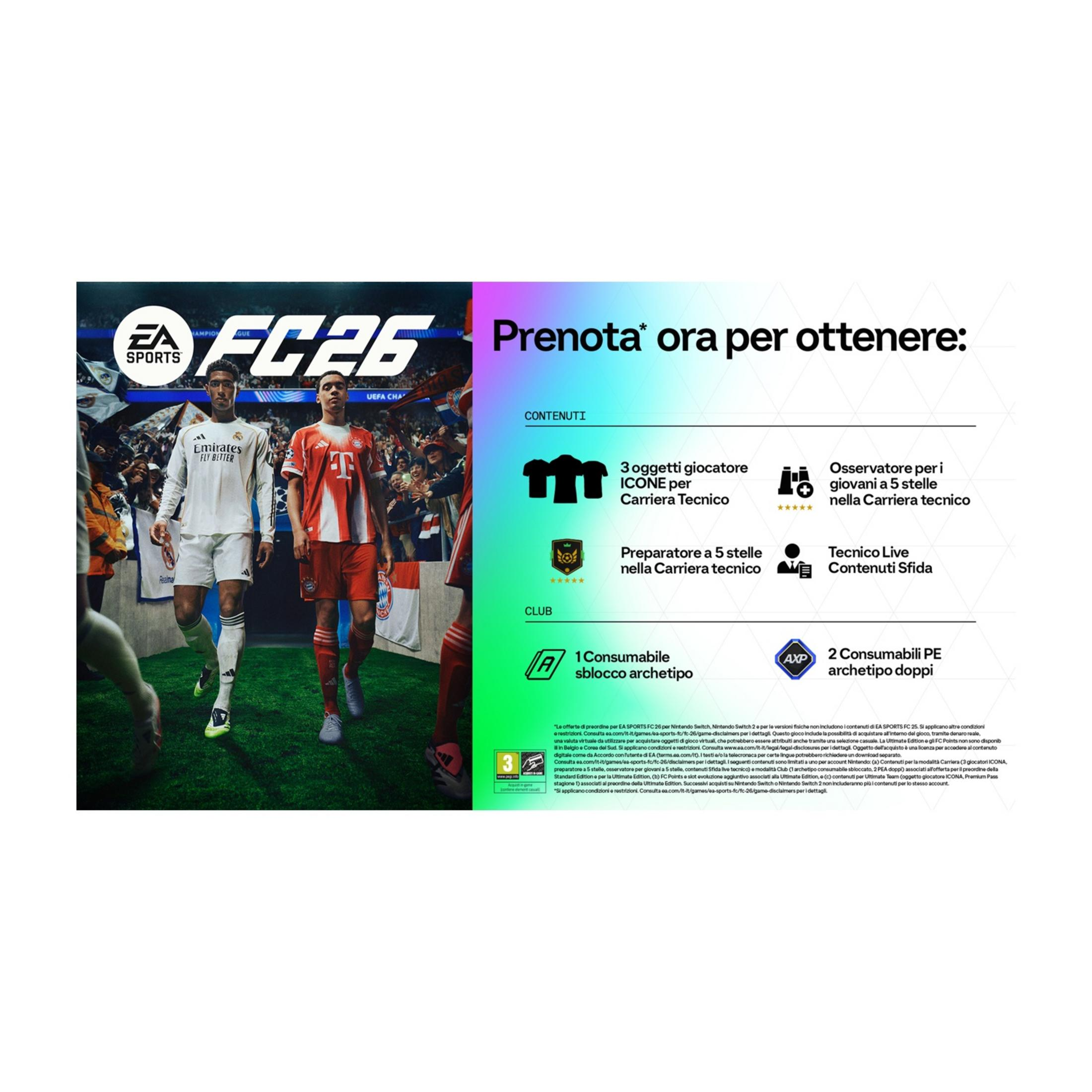 Okładka EA Sports FC 26 z graczami w strojach piłkarskich i dodatkową zawartością.