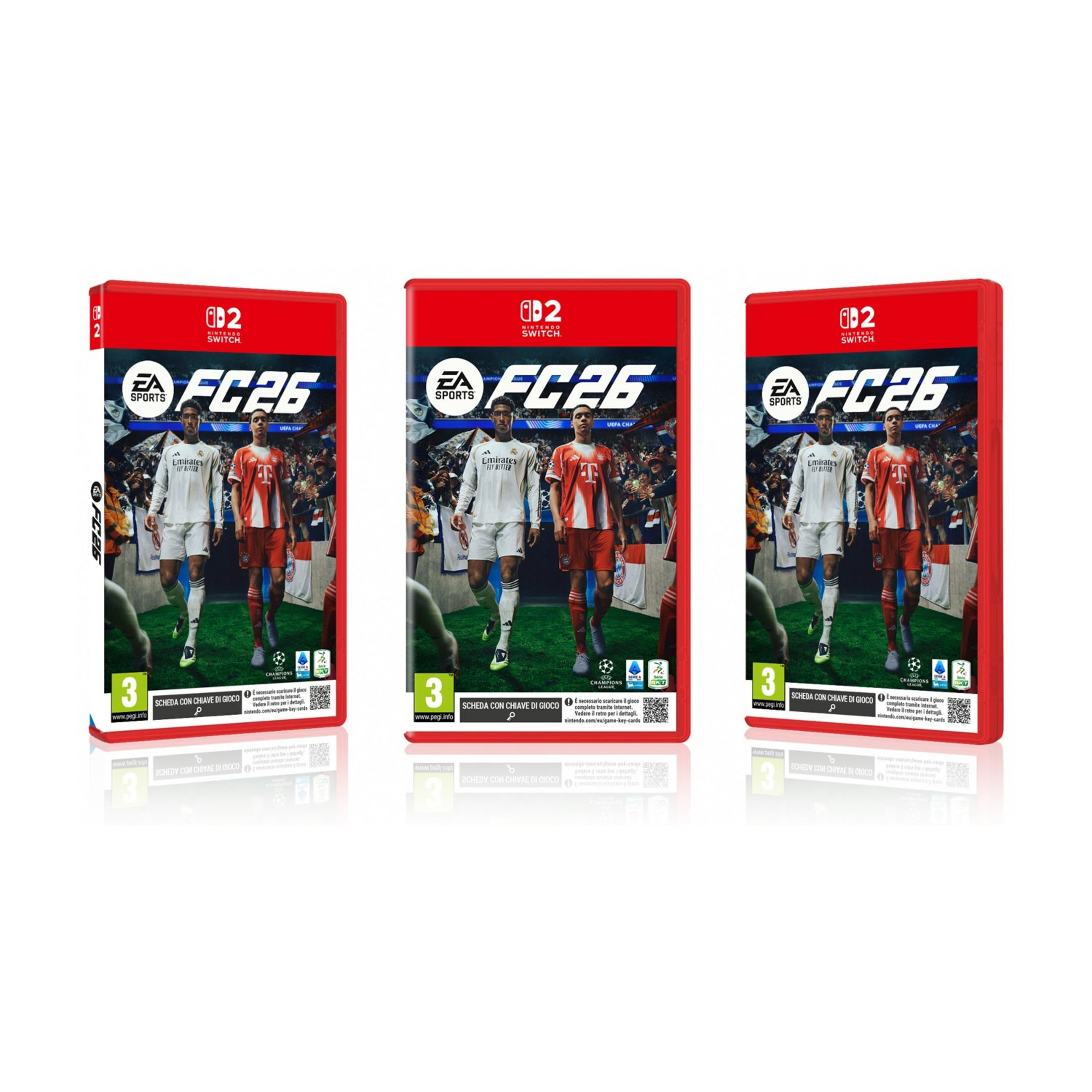 Trzy pudełka gry Nintendo Switch "EA SPORTS FC 26" z piłkarzami na okładce.
