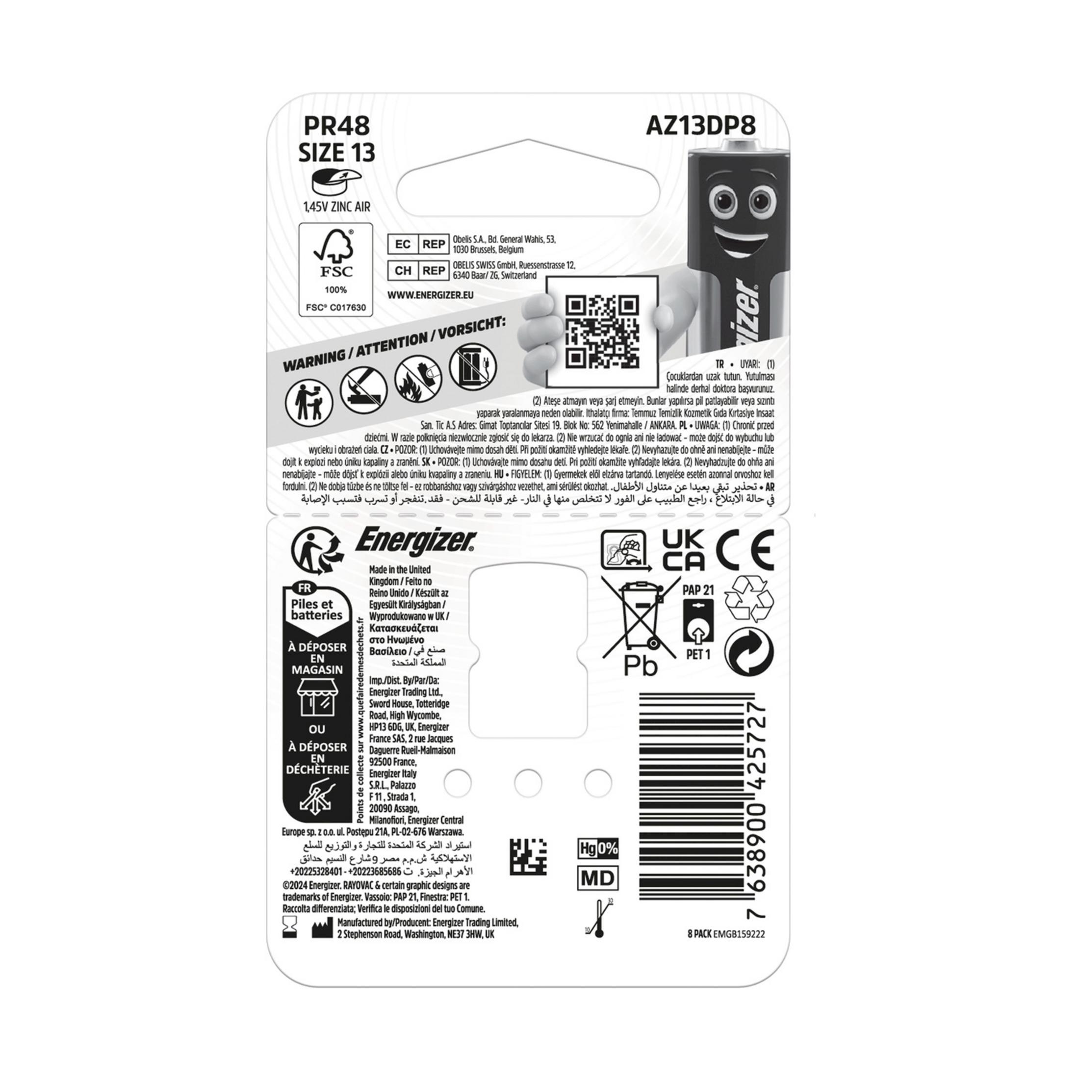 Energizer PR48, Größe 13, 1,45V Zink-Luft-Batterie mit Smiley-Gesicht.