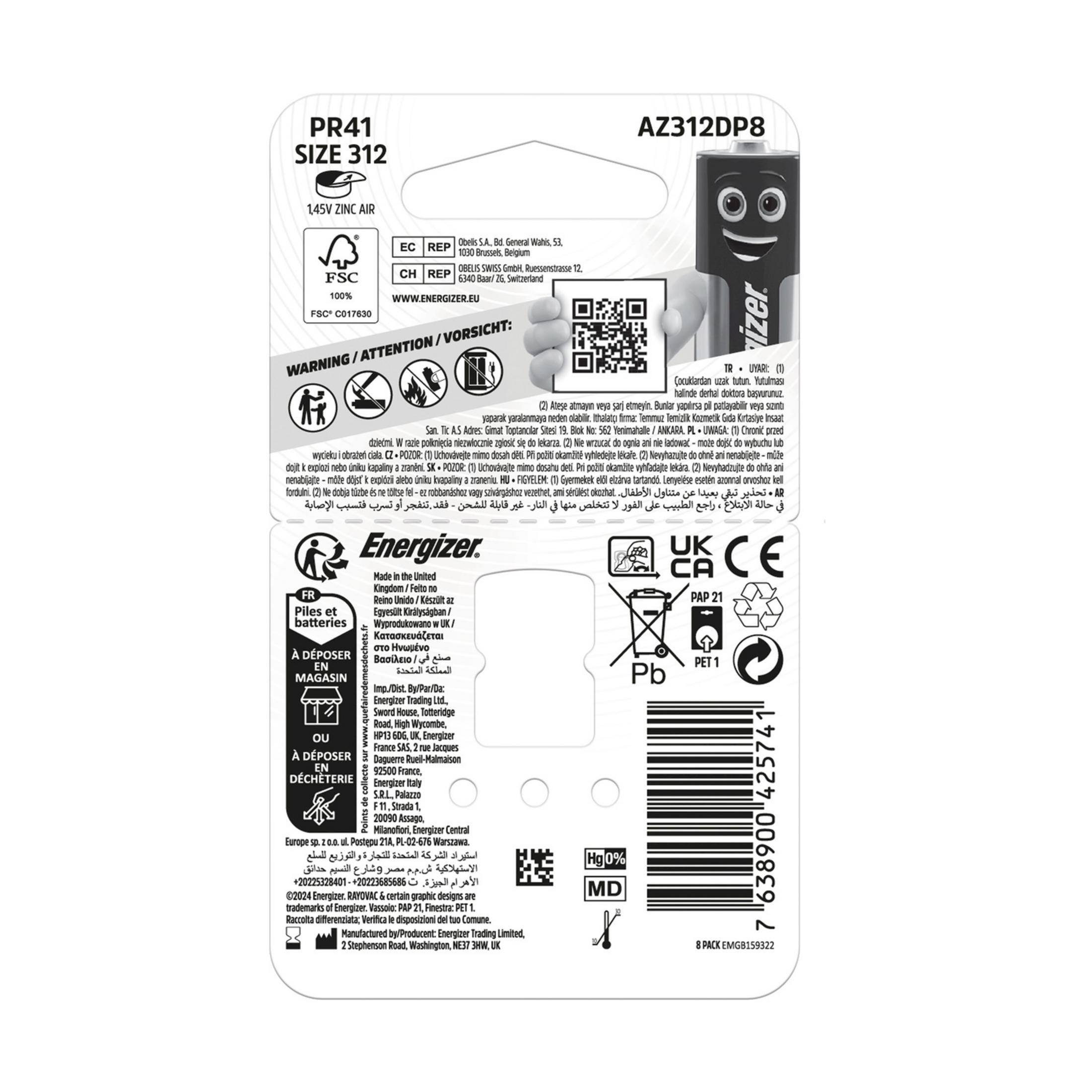 Batteria Energizer PR41, misura 312, 1,45V zinco-aria, con faccia da cartone.