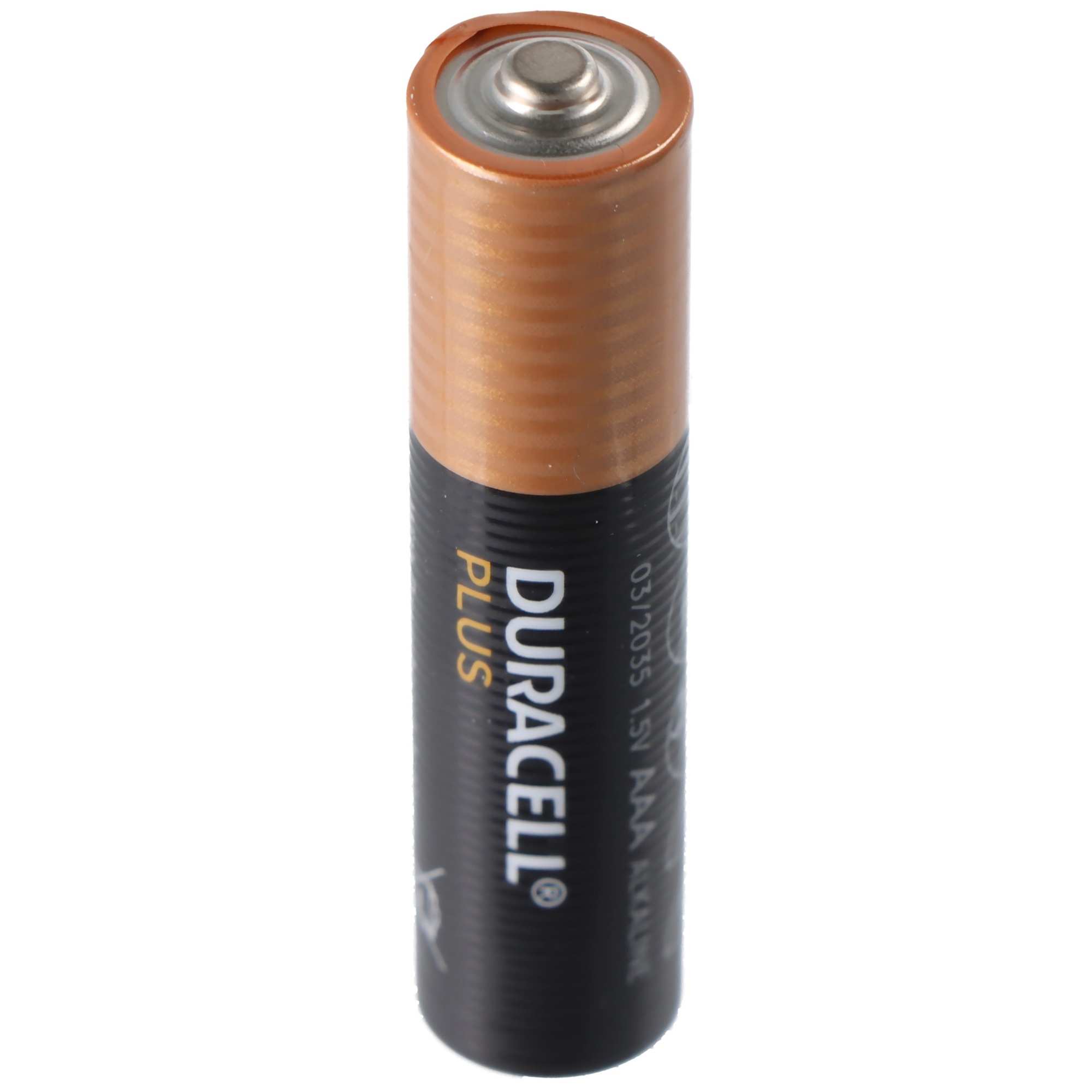 A Duracell AAA alkaline battery with a copper-colored top and black body.