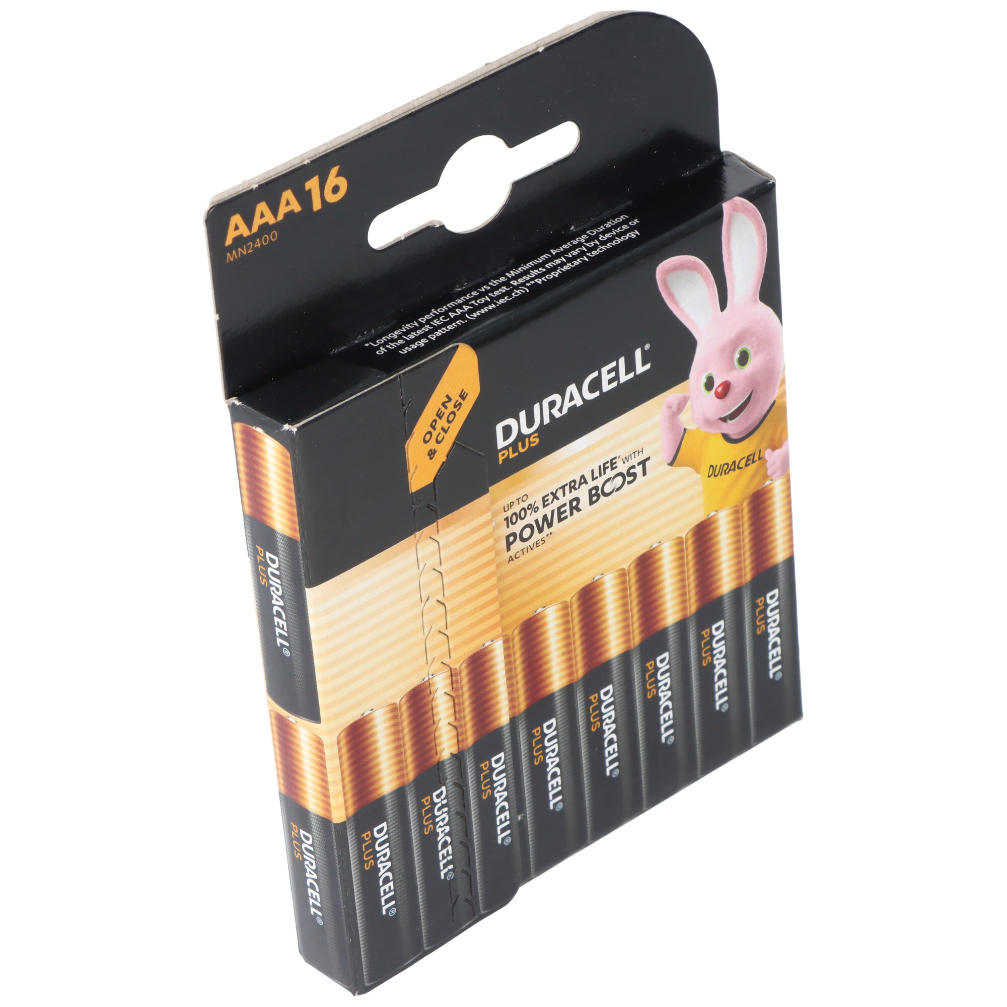 Emballage de 16 piles Duracell AAA, avec un lapin et du texte.