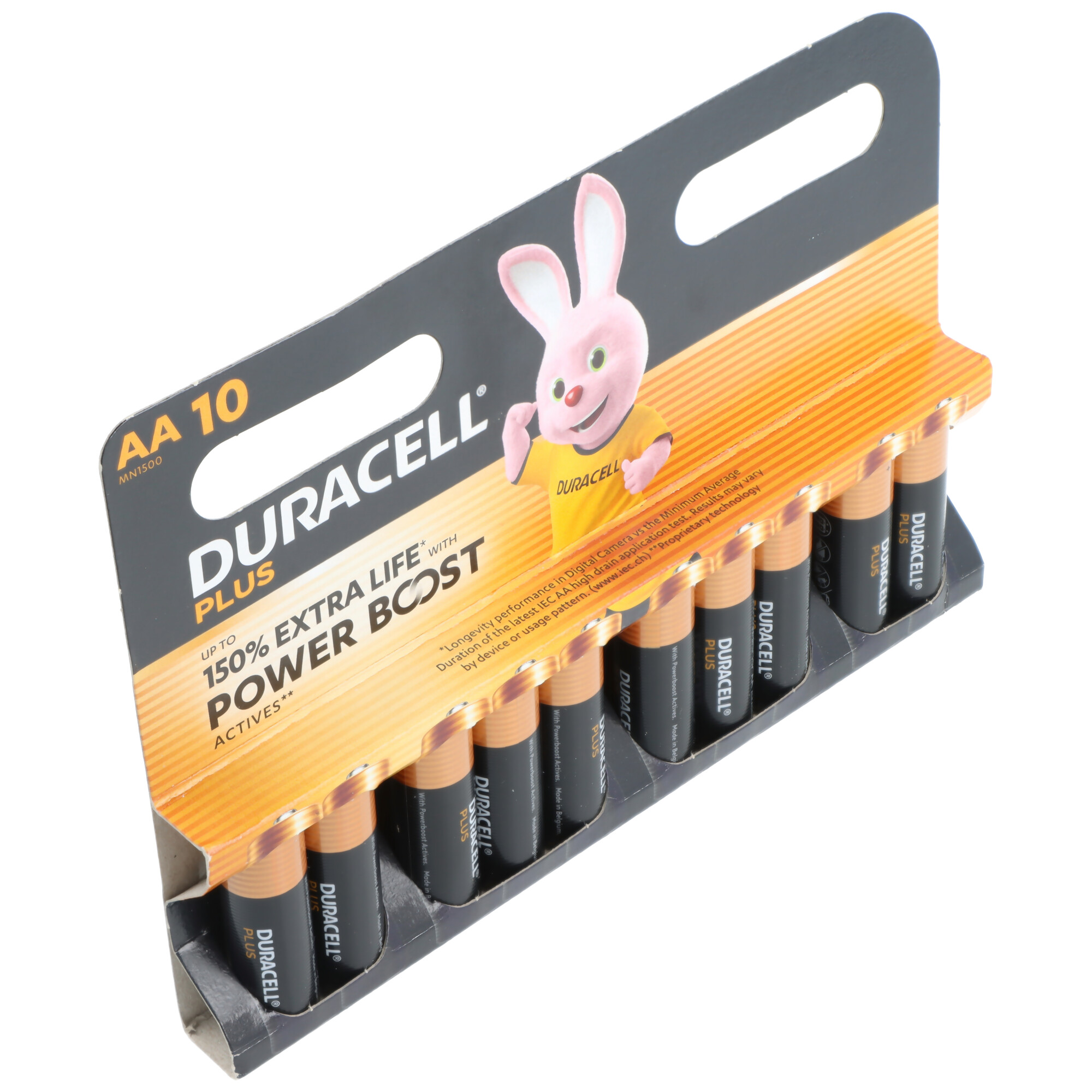 Packung mit 10 Duracell AA Batterien mit einem rosa Hasen-Maskottchen.