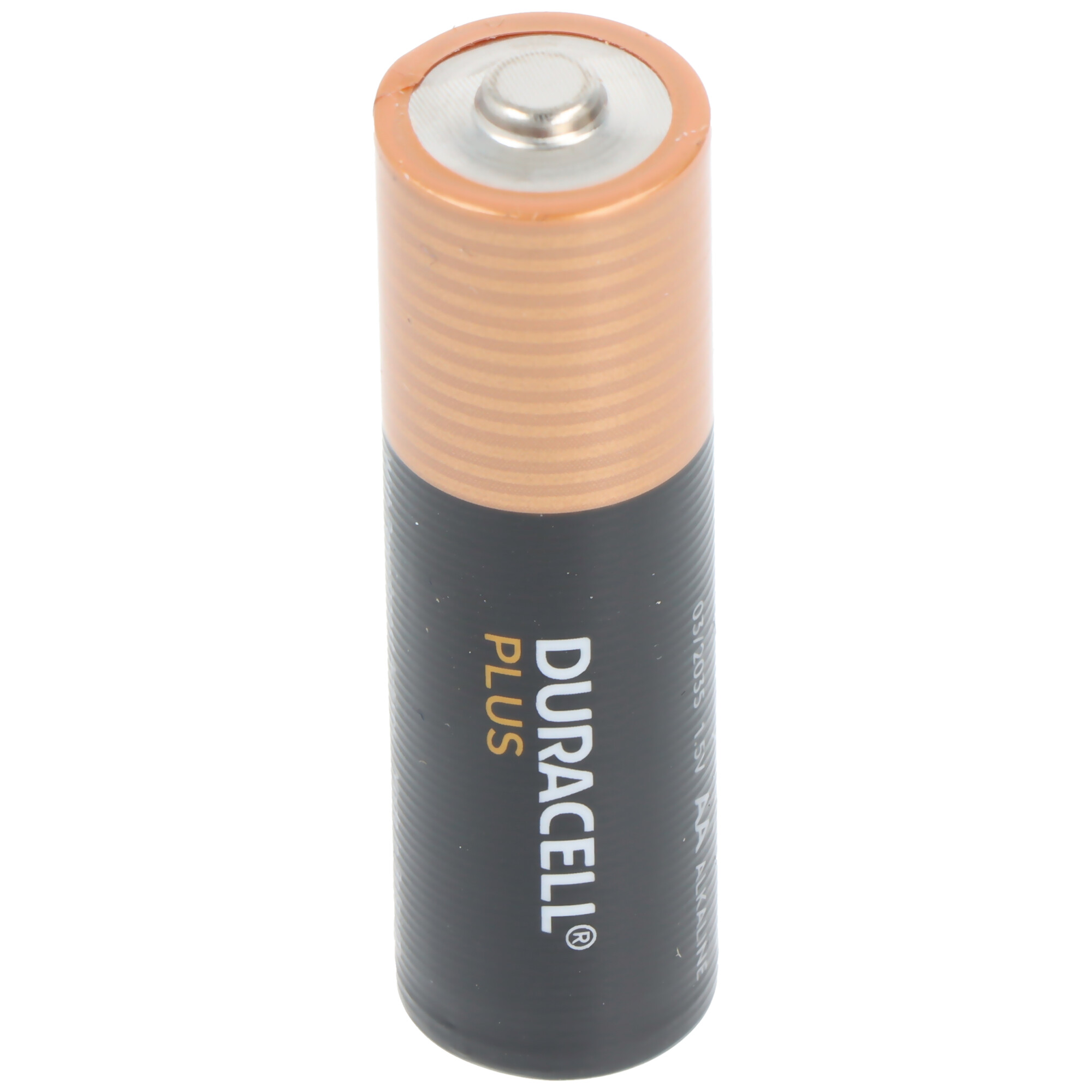 Eine Duracell AA Alkaline Batterie mit schwarzem und kupferfarbenem Gehäuse.