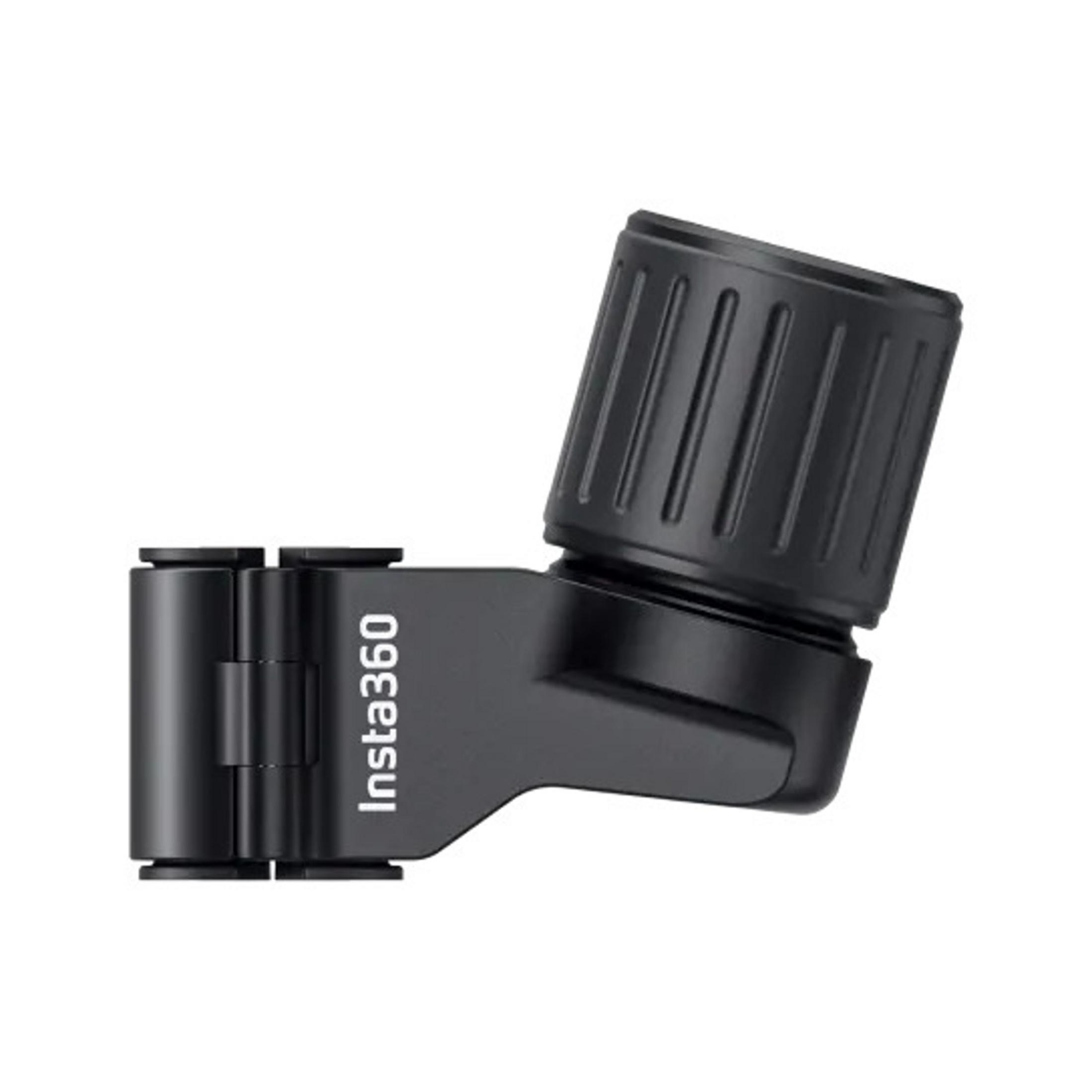 Un adattatore Insta360 nero con impugnatura zigrinata e cerniera.