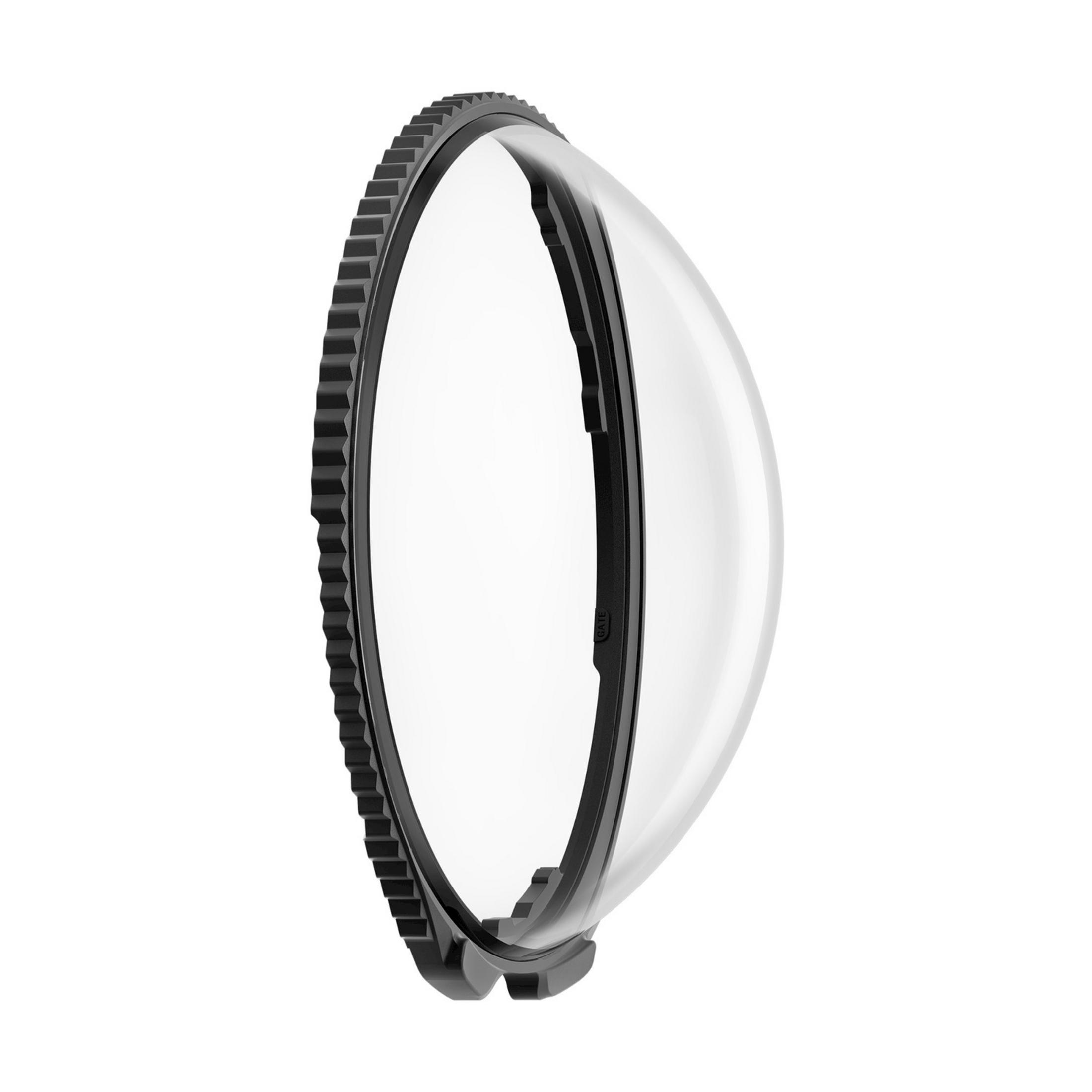 Czarna obręcz z ząbkowanymi krawędziami przymocowana do przezroczystej kopuły.