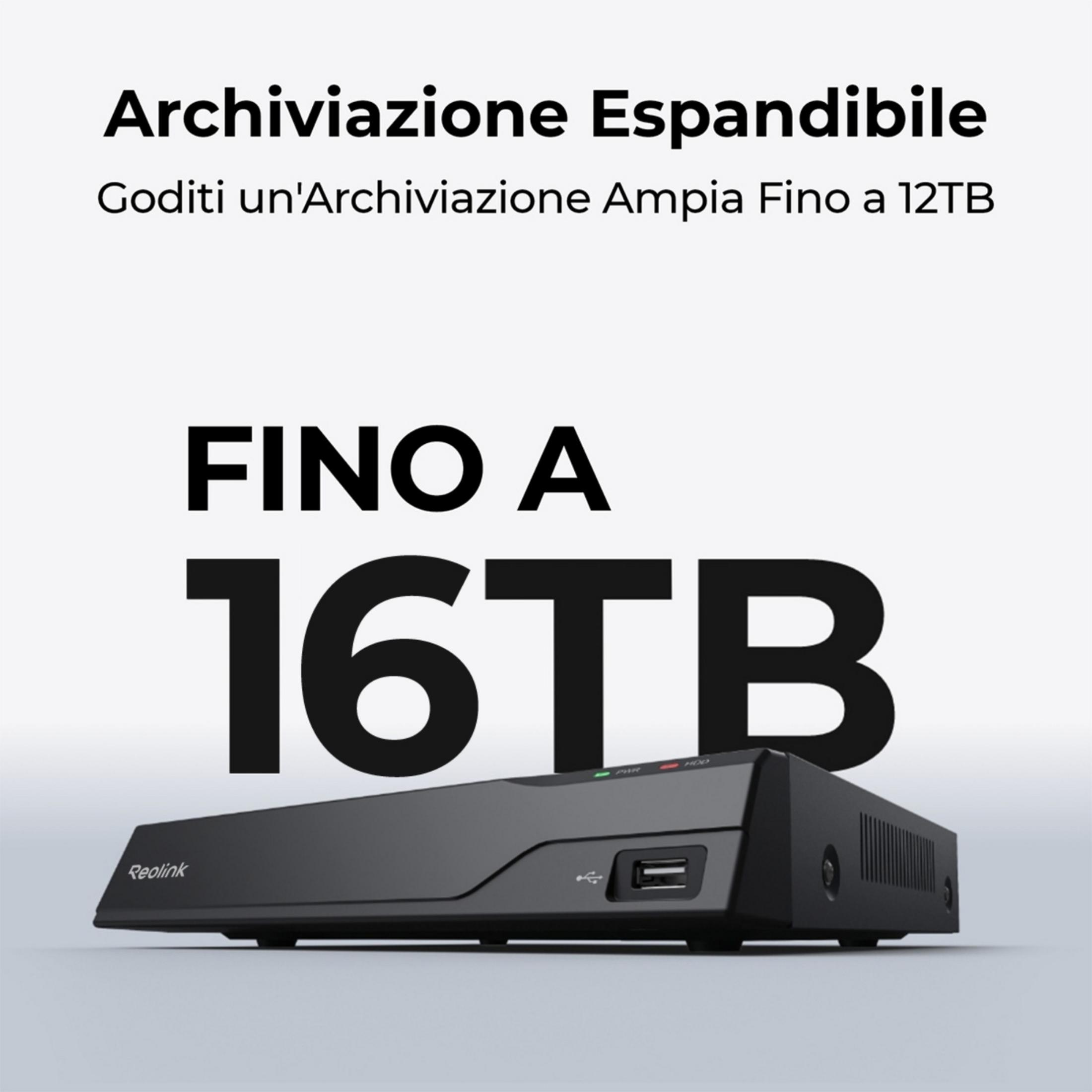 Ein schwarzes Reolink-Gerät mit der Aufschrift 16TB. Archivierung bis zu 16TB.