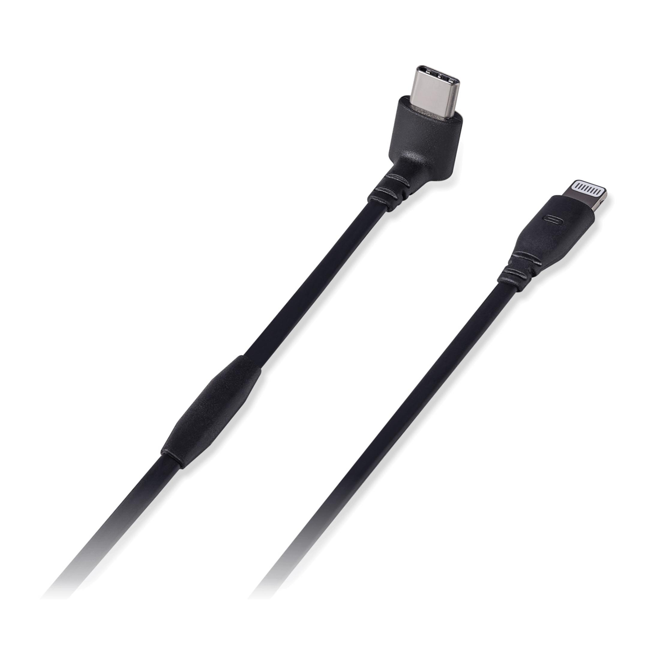 Czarny kabel USB-C do Lightning leży na białym tle.