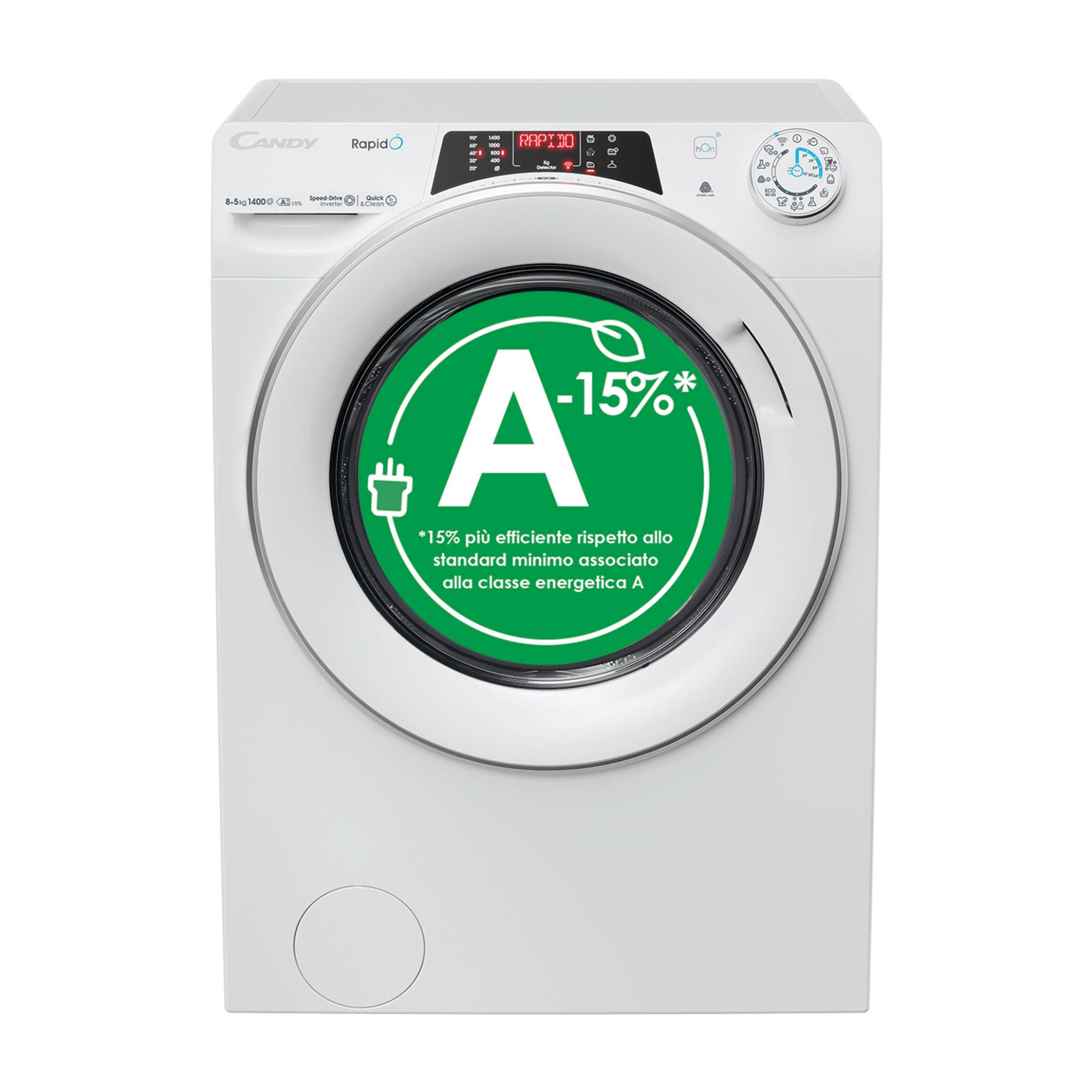 Una lavatrice Candy bianca con etichetta energetica verde A -15%.