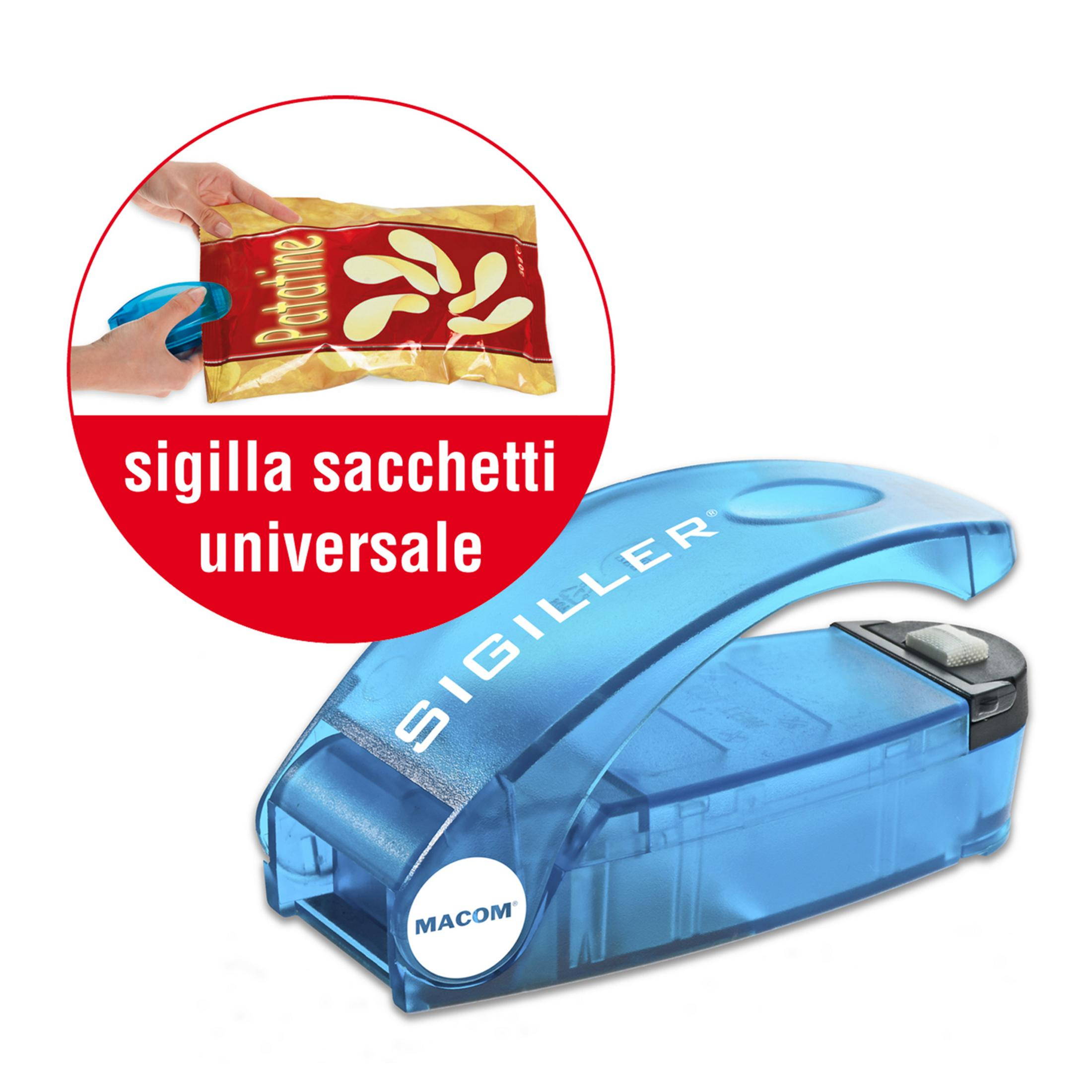 Niebieska zgrzewarka do toreb z napisem "SIGILLER" i czerwone koło z torebką chipsów i dłońmi.