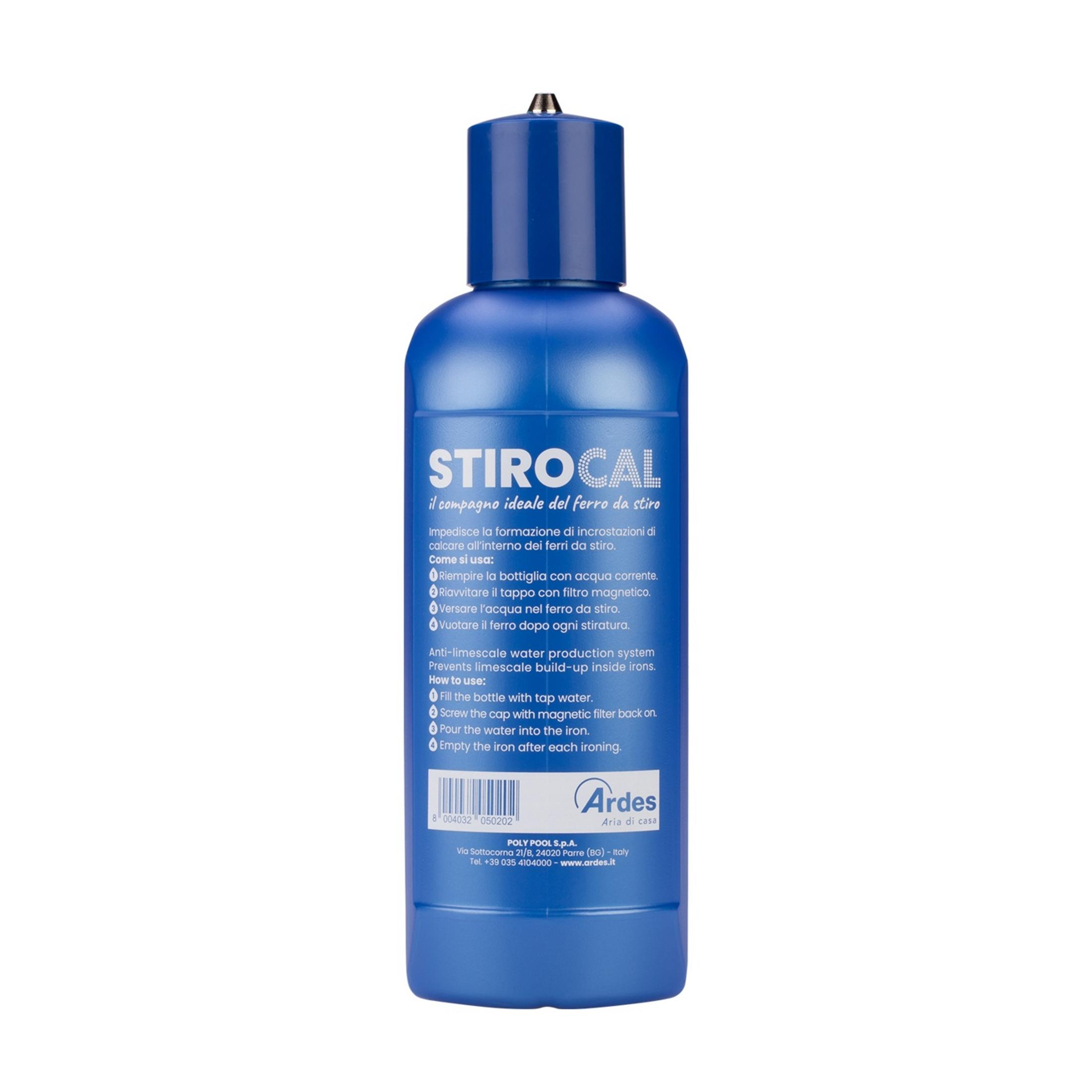 Niebieska butelka z etykietą STIROCAL i instrukcją użycia.