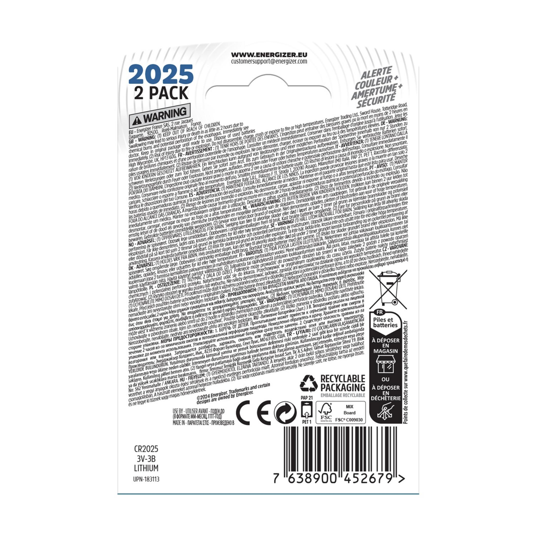 Pilas Energizer CR2025 Litio 3V-3B, paquete de 2. Advertencias e info de desecho.