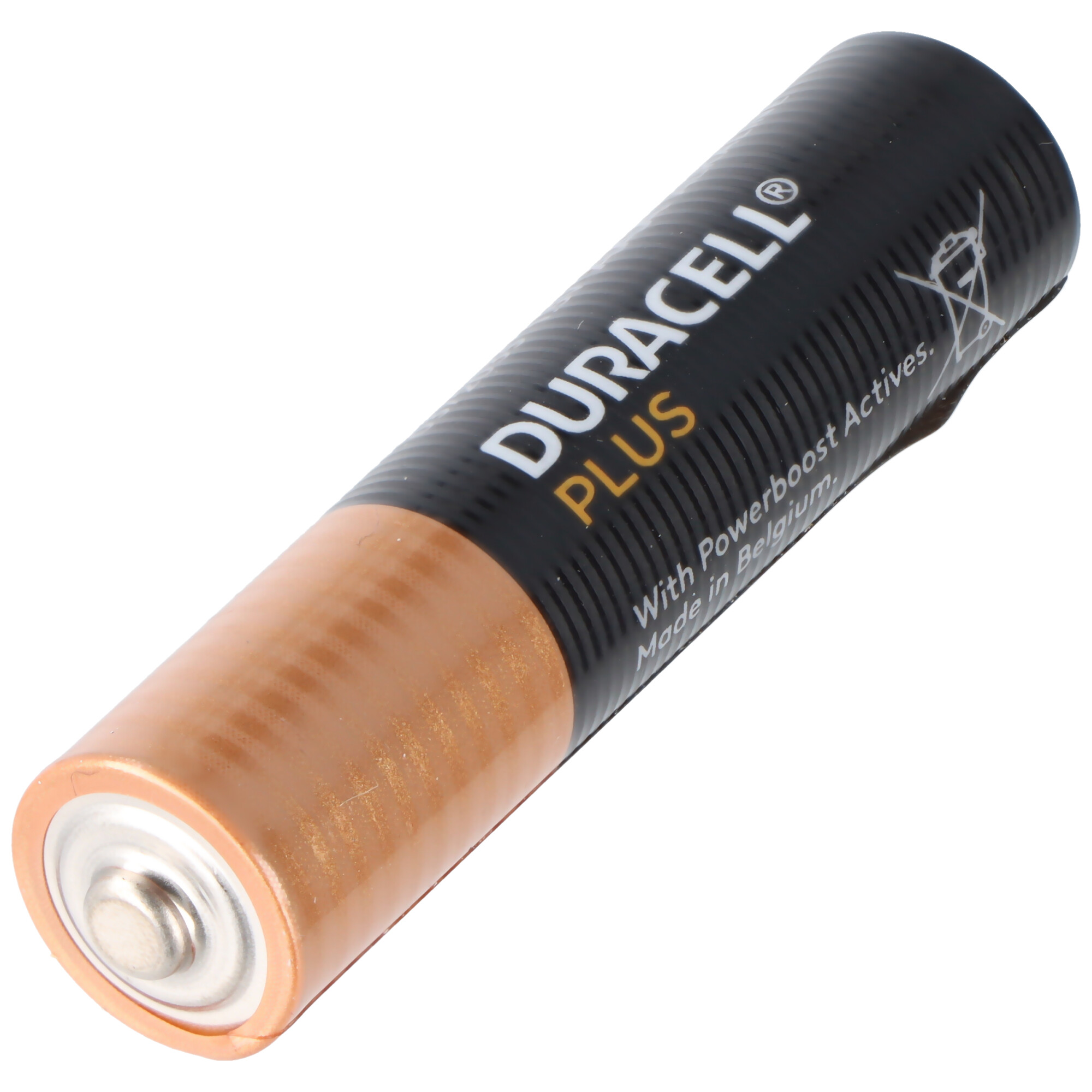 A Duracell Plus battery with a copper-colored base and black casing.