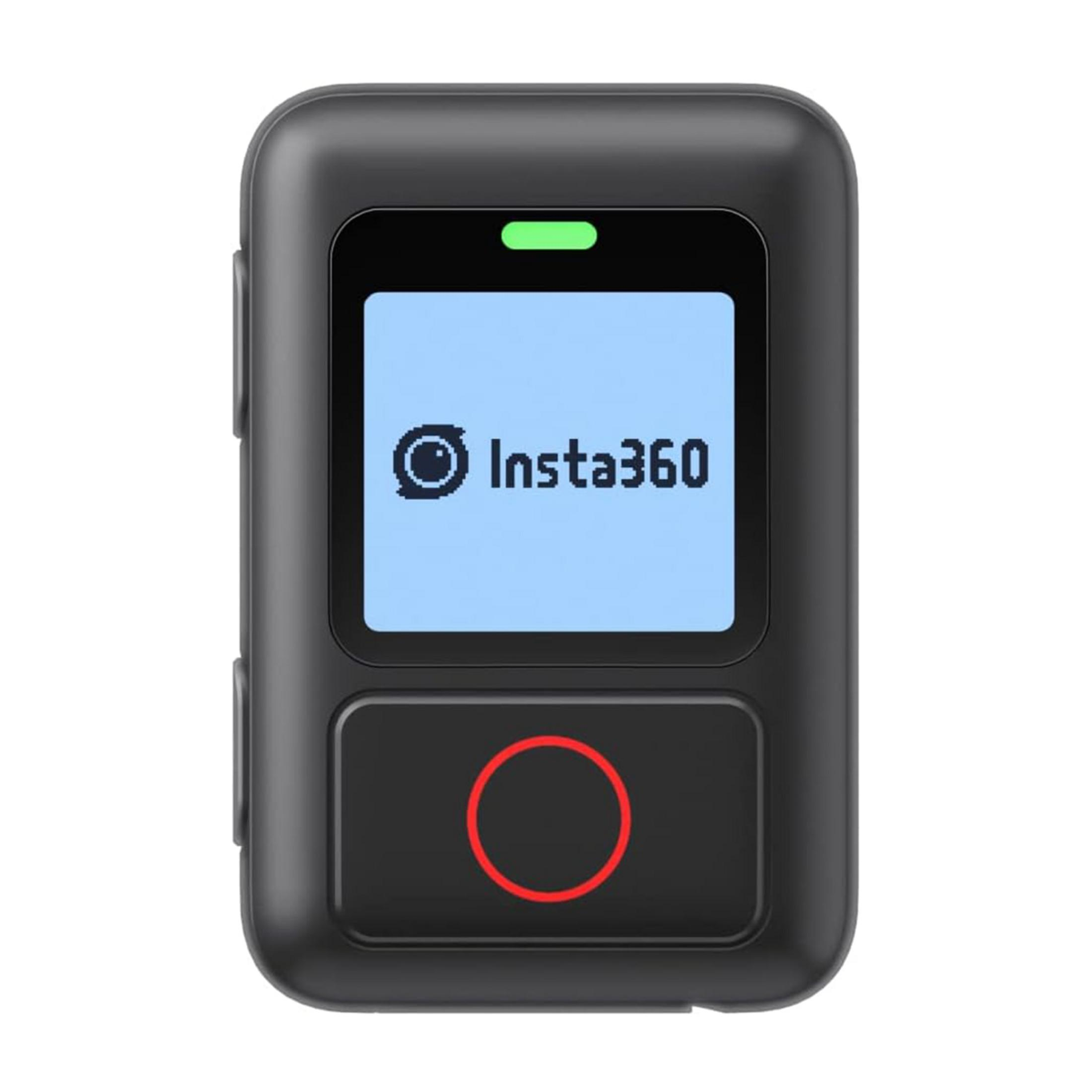 Schwarzes Insta360-Gerät mit blauem Bildschirm und rotem Kreis.