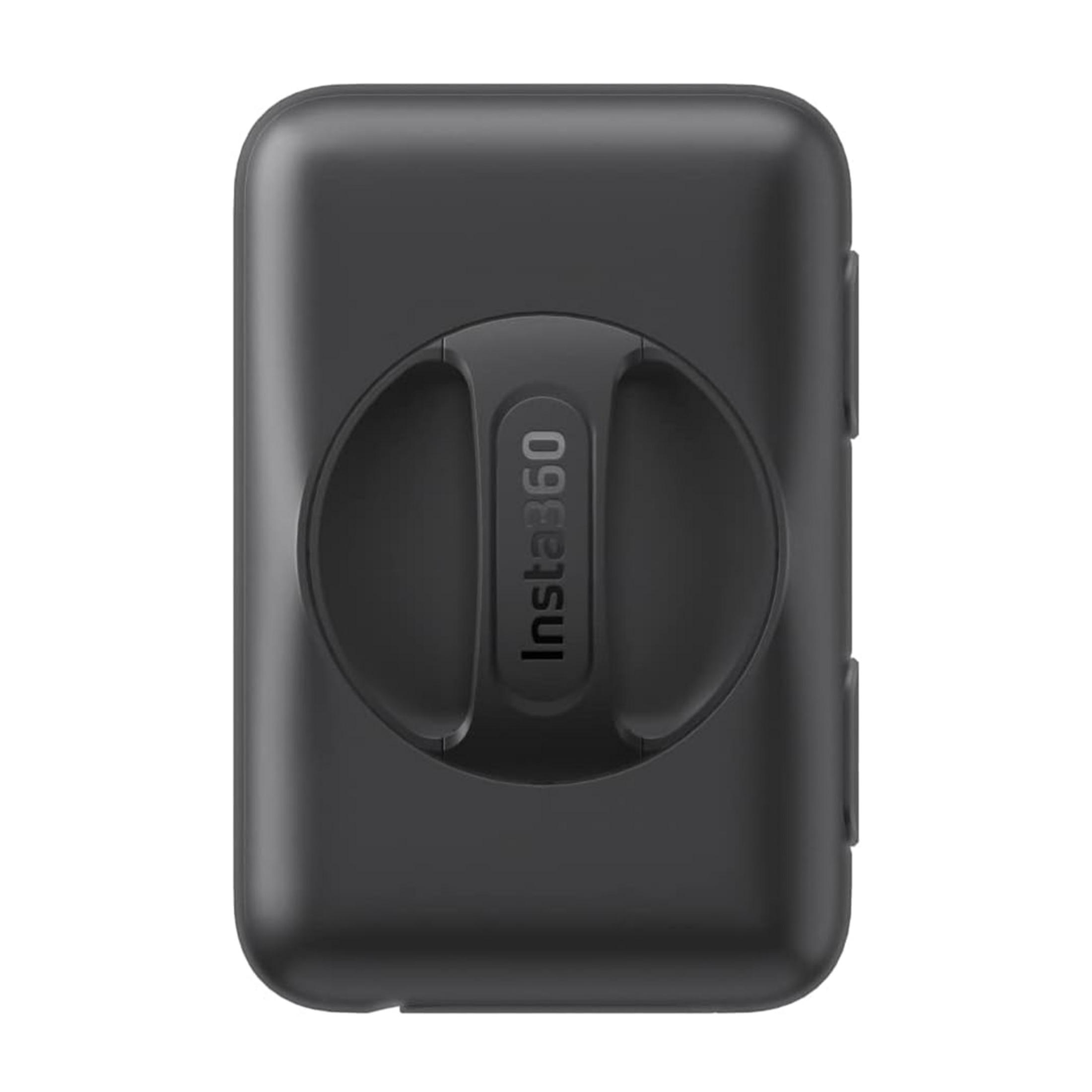 Schwarzes Gehäuse mit Insta360-Logo und zwei runden Griffen.