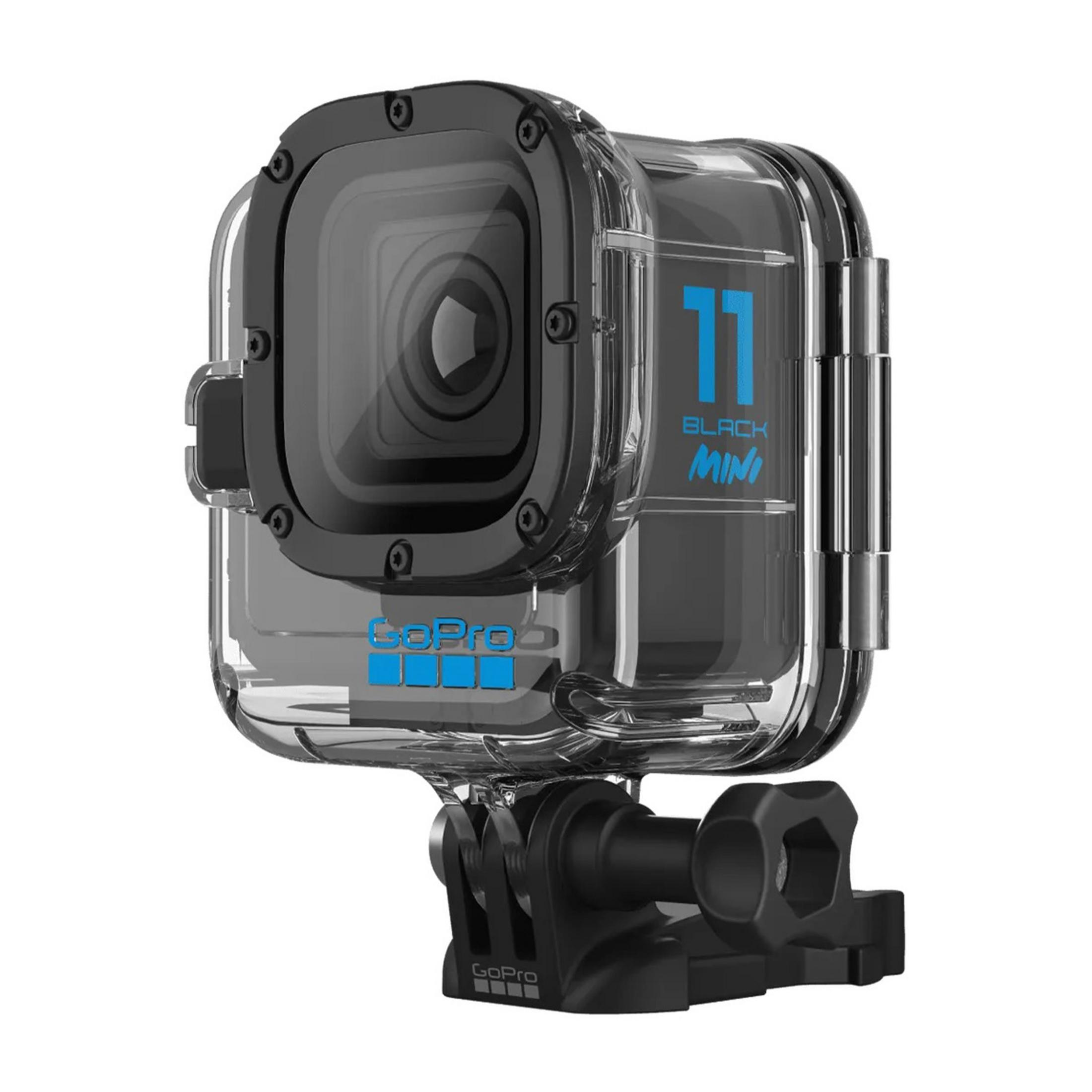 Przezroczysta kamera GoPro w czarnej obudowie z niebieskimi napisami.