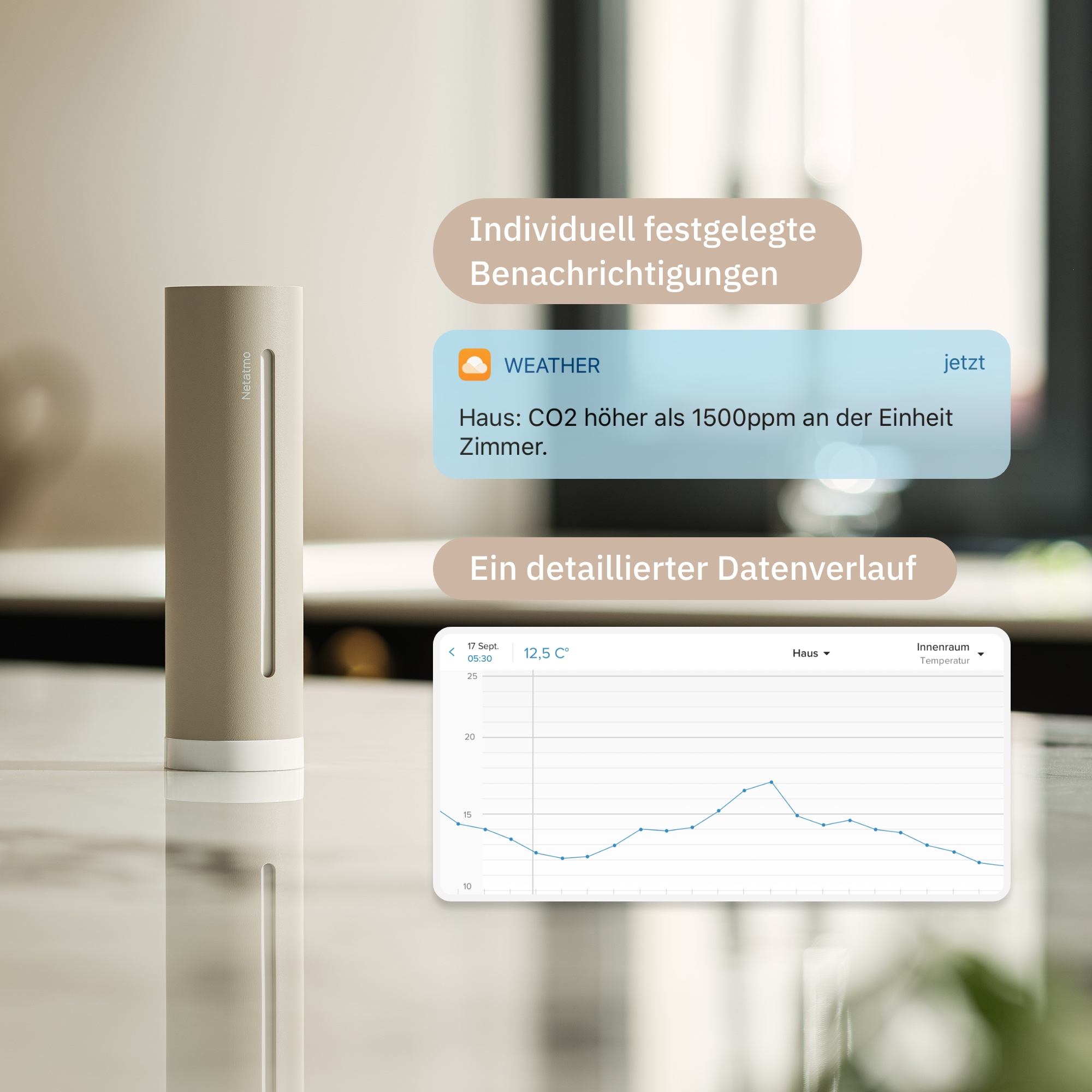 Netatmo Wetterstation mit CO2-Warnung und Temperaturverlauf.