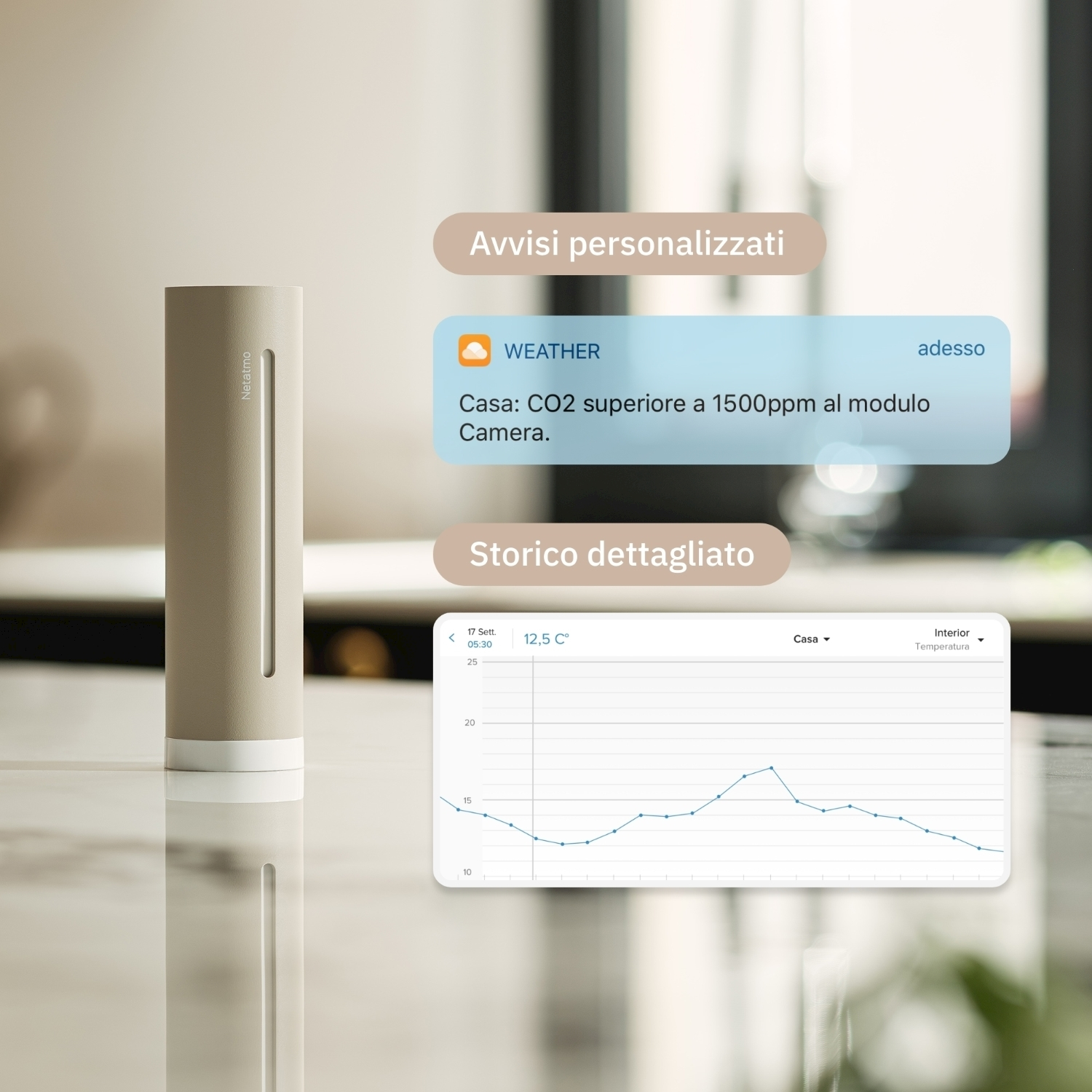 Ein Netatmo-Sensor mit Wetterdaten und CO2-Alarm auf einem Bildschirm.